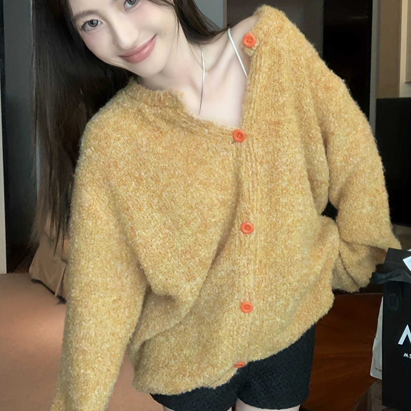Sixsr Solid Button Down Knit Cardigan, Casual Long Sleeve Loose Slouchy Sweater, Women's Clothing