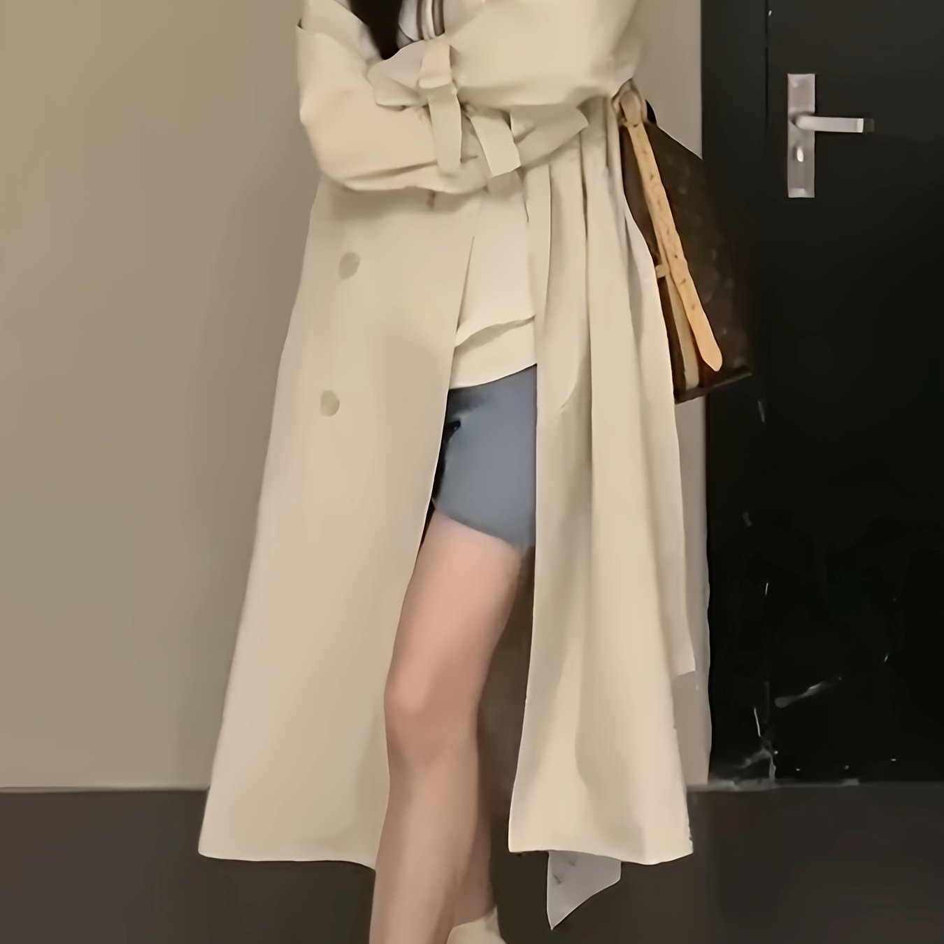 Sixsr Notched Collar Double-breasted Trench Coat, Casual Long Sleeve Midi Coat For Fall & Winter, Women's Clothing