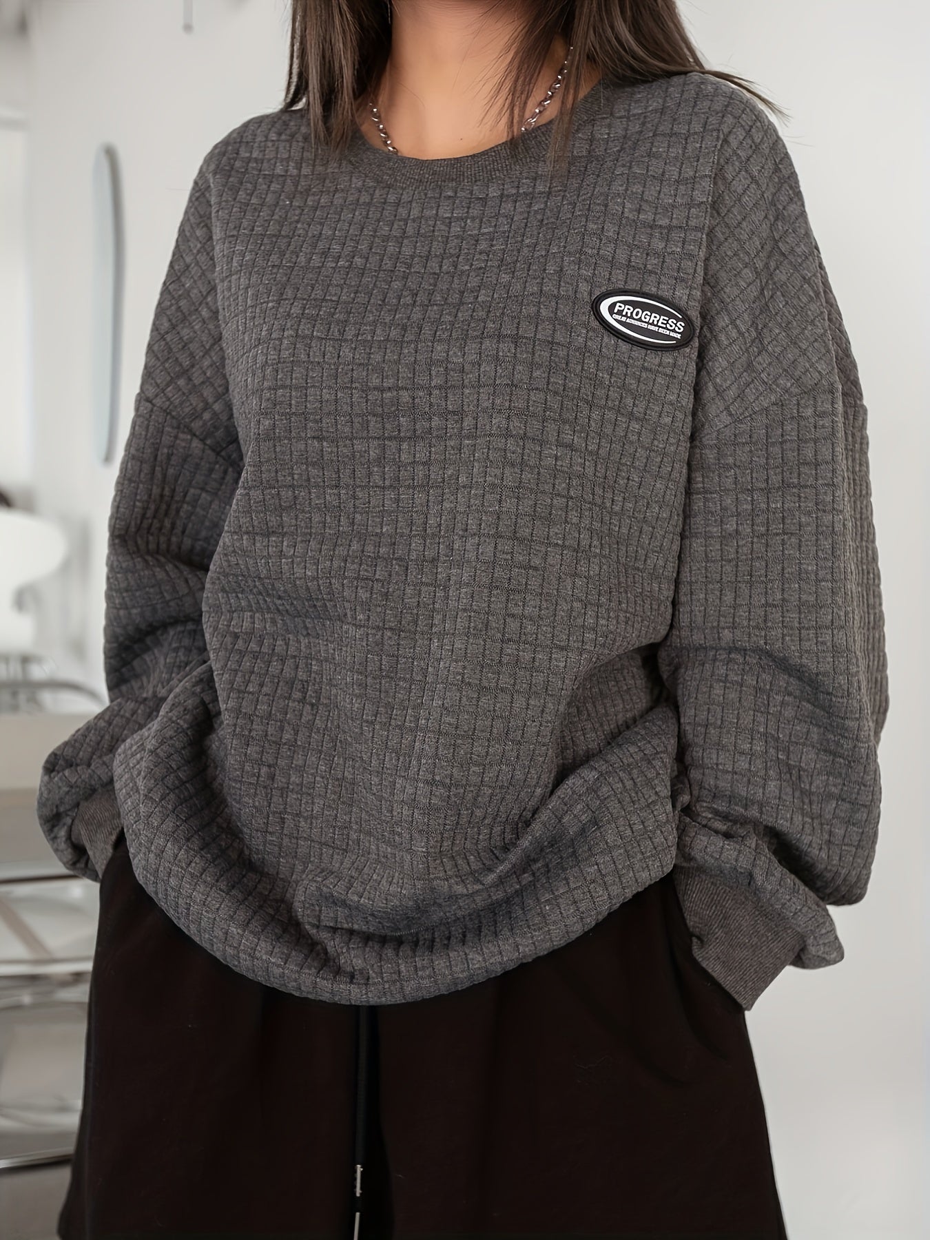 Sixsr Plus Size Casual Sweatshirt, Women's Plus Solid Waffle Patched Detail Long Sleeve Crew Neck Slight Stretch Pullover Sweatshirt, Casual Tops For Fall & Winter, Plus Size Women's Clothing