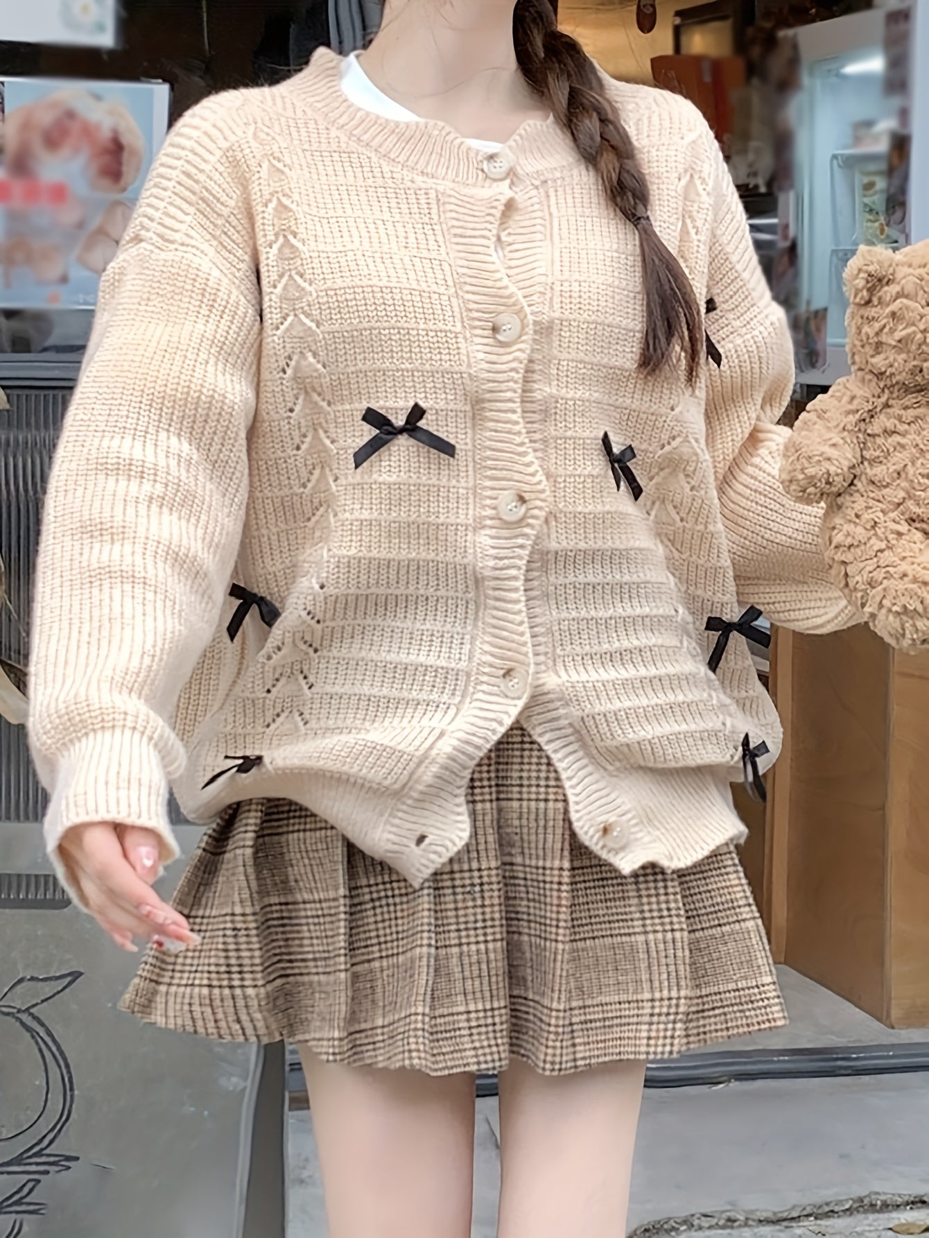 Sixsr Bow Tie Button Front Knitted Cardigan Sweater, Casual Long Sleeve Sweater For Fall & Winter, Women's Clothing
