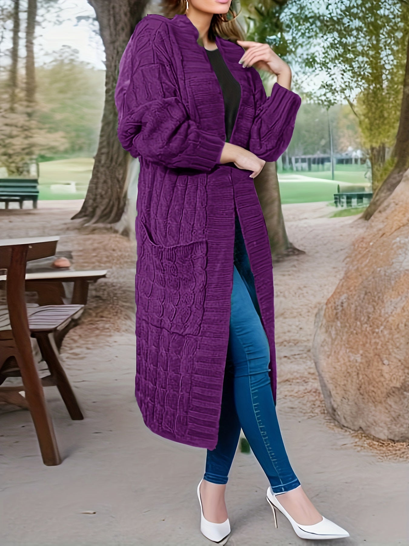 Sixsr Plus Size Elegant Sweater Cardigan, Women's Plus Cable Knit Open Front Long Sleeve High Stretch Cardigan With Pockets