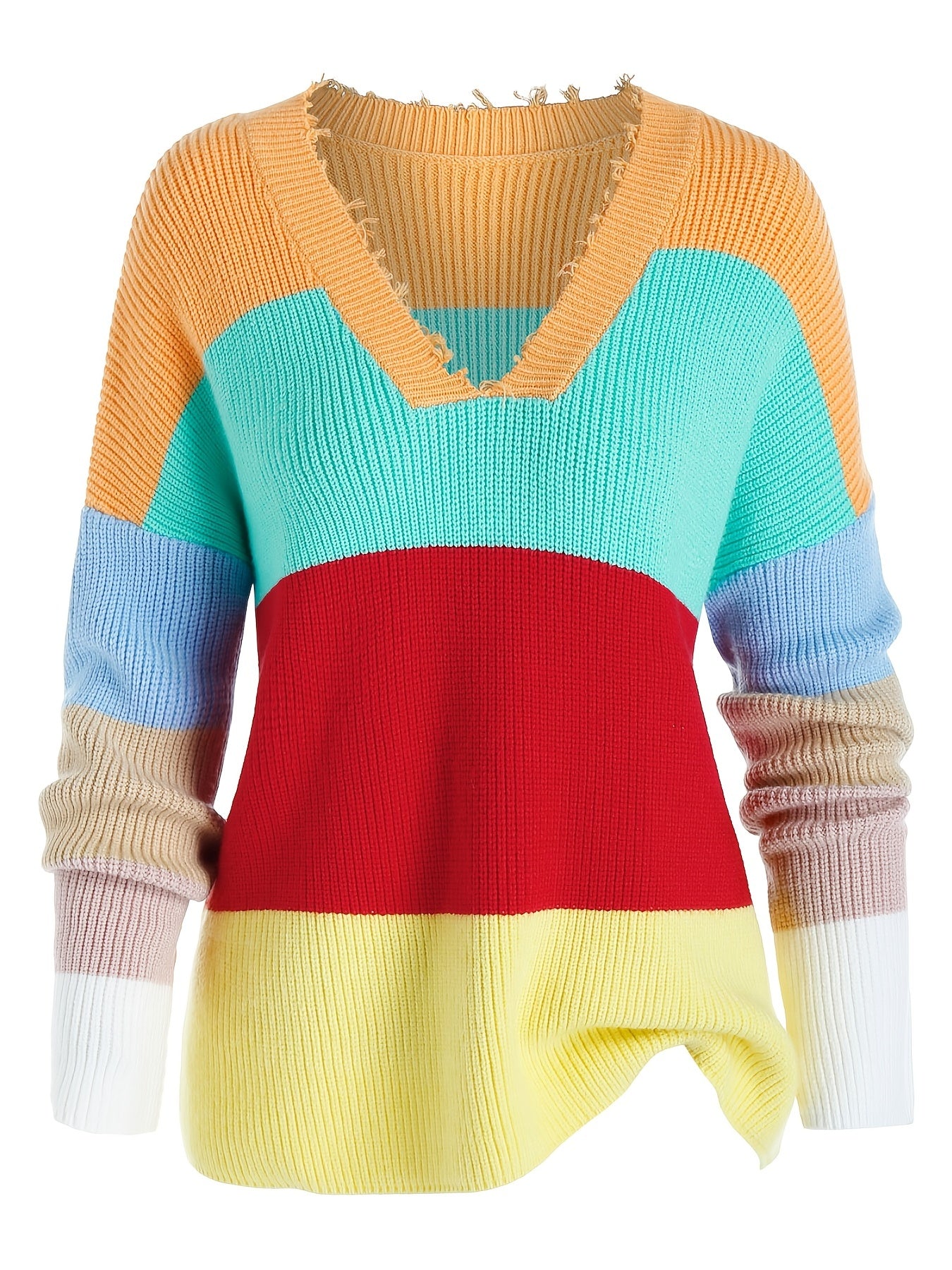 Sixsr Plus Size Color Eyelash Trim Long Sleeve Sweater, Women's Plus Slight Stretch Casual Sweater