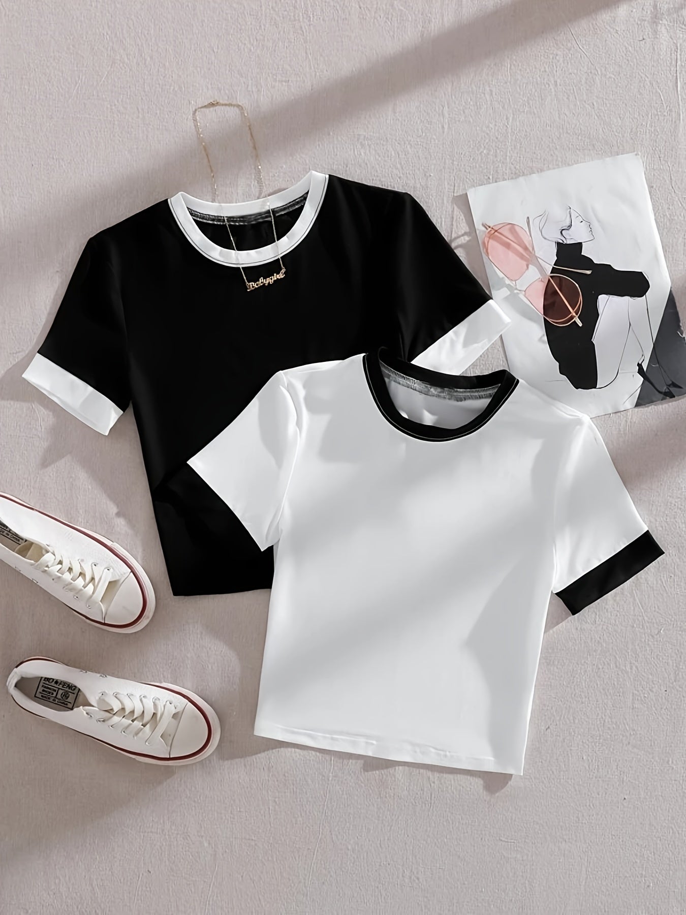 Sixsr 2 Piece Crop T-Shirt Set, Solid Short Sleeve Crew Neck T-Shirt For Summer & Spring, Women's Clothing