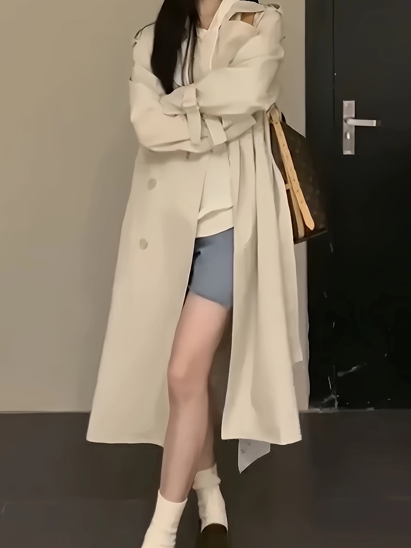Sixsr Notched Collar Double-breasted Trench Coat, Casual Long Sleeve Midi Coat For Fall & Winter, Women's Clothing