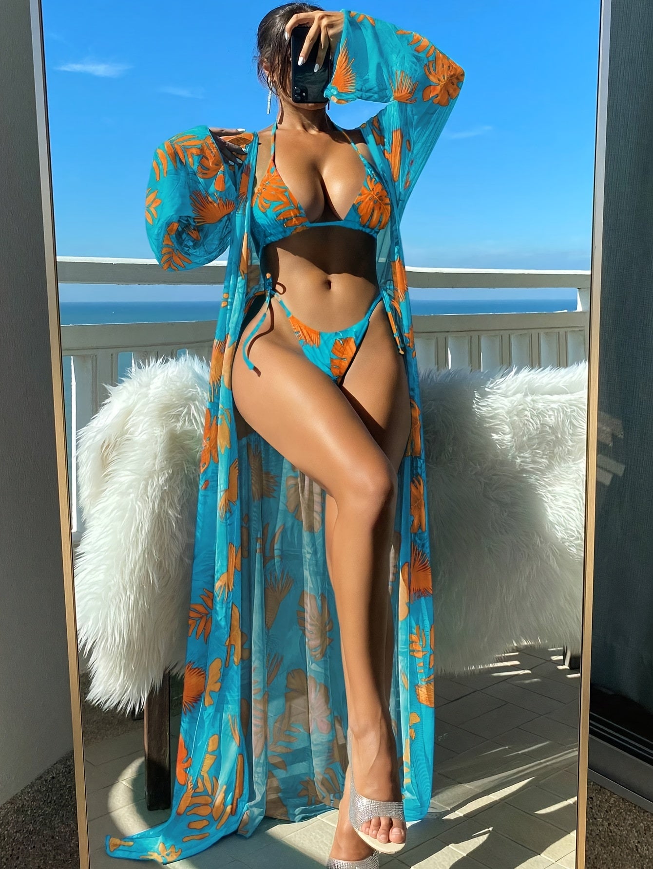 Sixsr Tropical Leaf Print Stretchy 3 Piece Set Bikini With Long Sleeve Kimono, Halter Stretchy Tie Strap Swimsuits, Women's Swimwear & Clothing