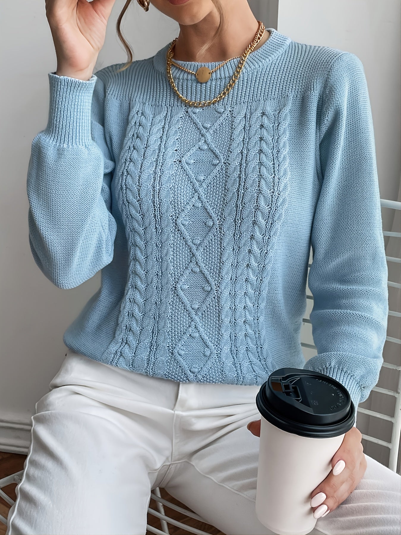 Sixsr Casual Solid Crew Neck Sweater, Long Sleeve Loose Fall Winter Knit Sweater, Women's Clothing