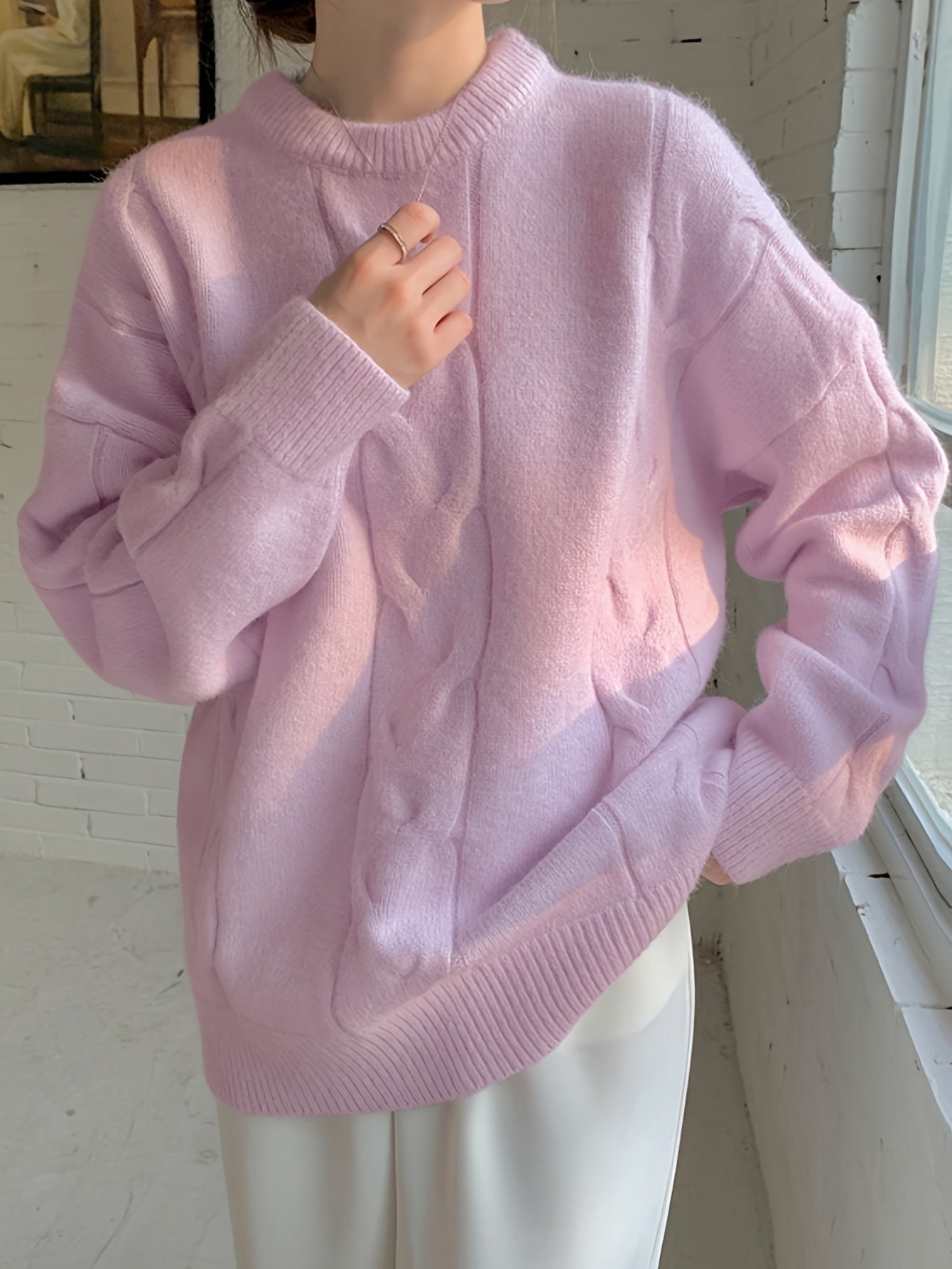 Sixsr Solid Cable Knit Loose Sweater, Casual Crew Neck Long Sleeve Sweater, Women's Clothing