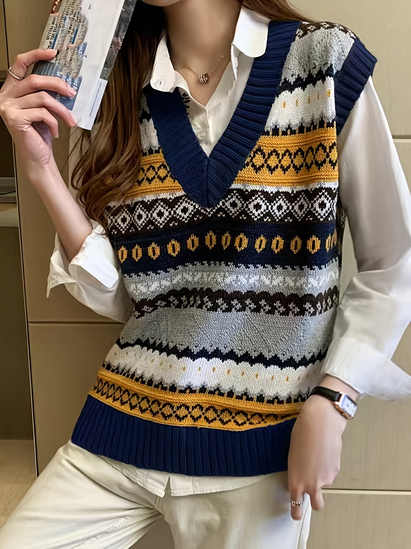 Sixsr Geo Pattern V-neck Sweater Vest, Vintage Sweater Vest For Fall & Winter, Women's Clothing