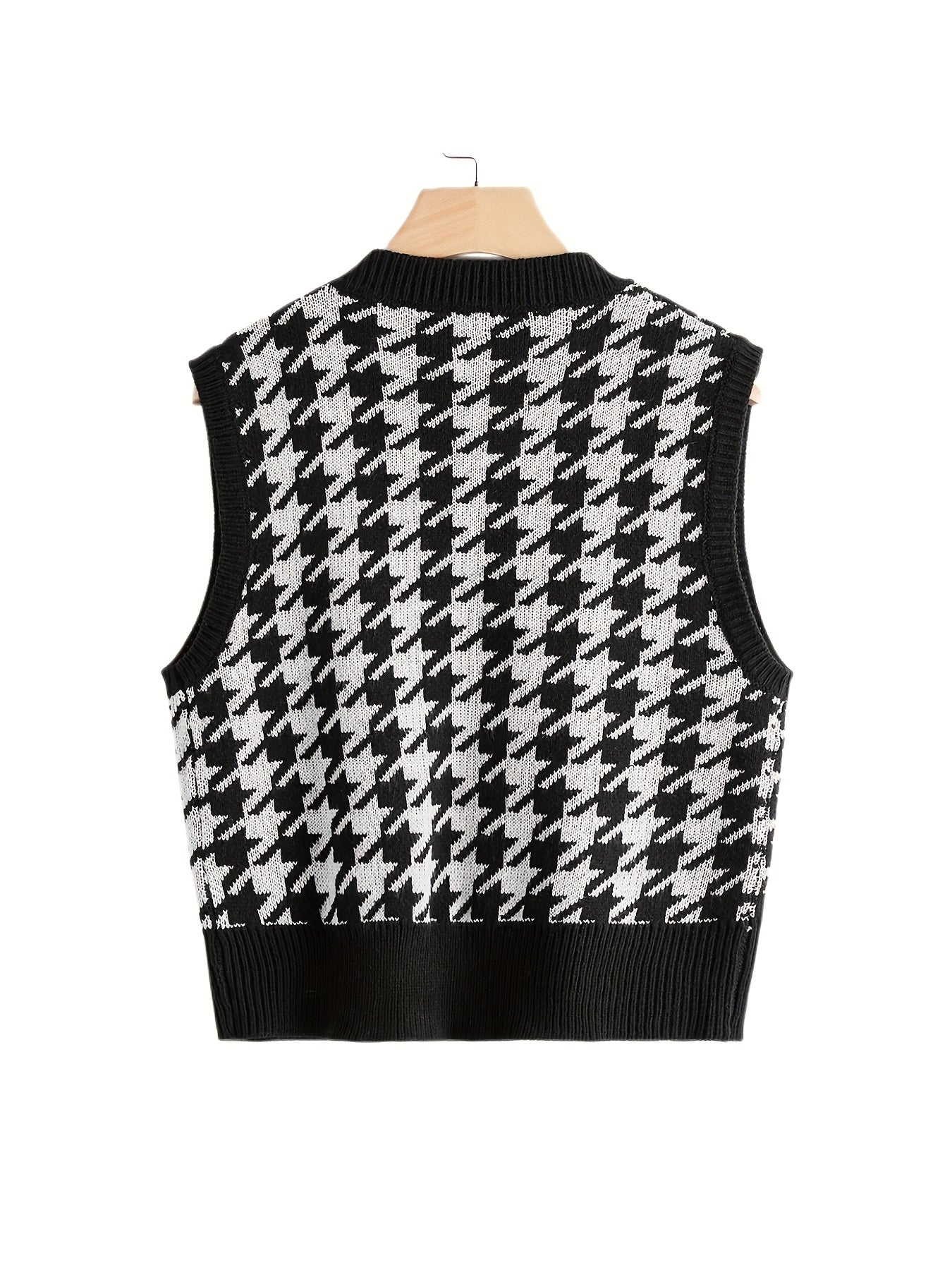 Sixsr Houndstooth Print Knit Vest, Casual V Neck Sleeveless Vest, Women's Clothing