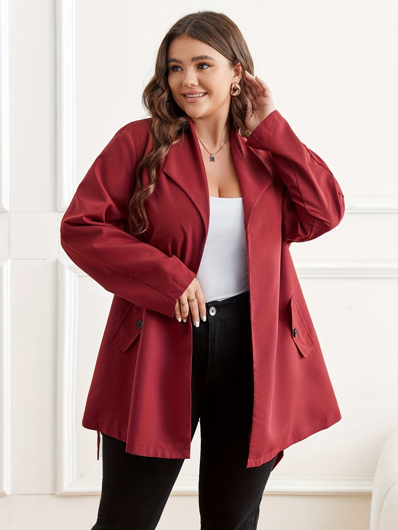 Sixsr Plus Size Casual Coat, Women's Plus Solid Long Sleeve Open Front Lapel Collar Loose Fit Coat With Pockets
