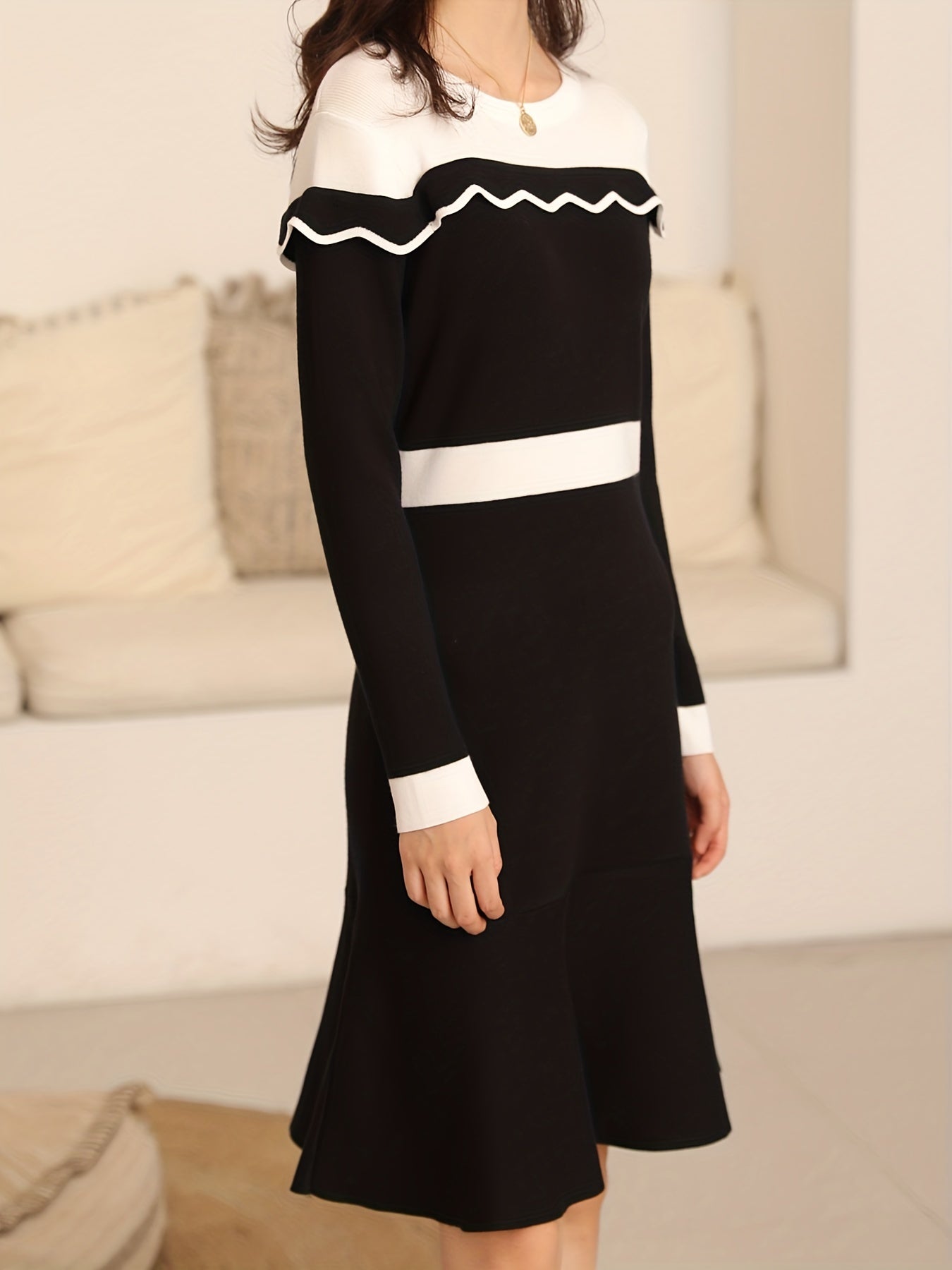 Sixsr Ruffle Trim Color Block Dress, Casual Crew Neck Long Sleeve Dress, Women's Clothing