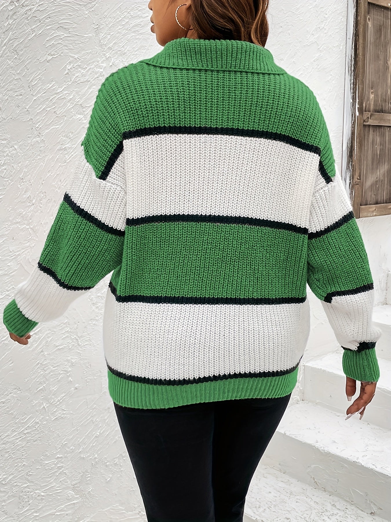 Sixsr Plus Size Deep V Neck Colorblock Long Sleeve Sweater, Women's Plus Loose Fit Drop Shoulder Casual Sweater