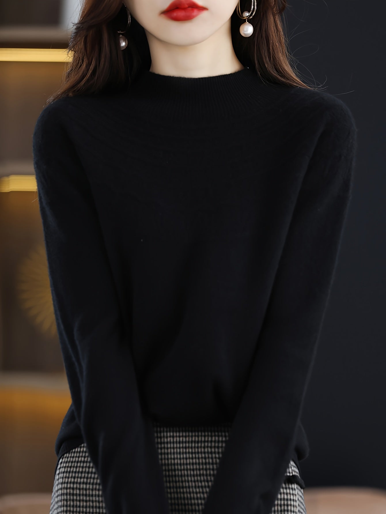 Sixsr Solid Color Mock Neck Sweater, Casual Long Sleeve Sweater For Fall & Winter, Women's Clothing