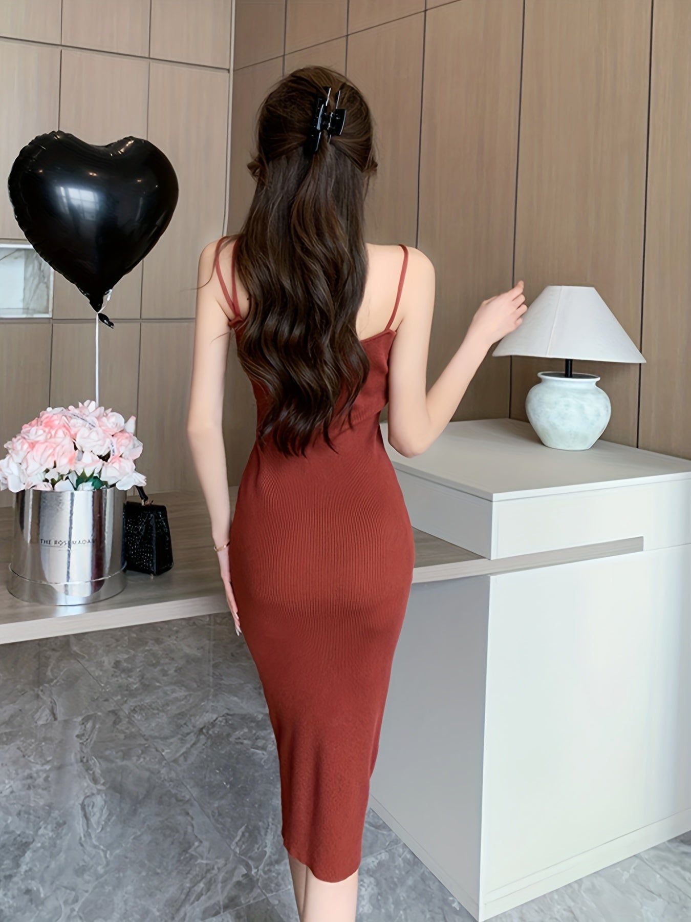 Sixsr Spaghetti Solid Dress, Elegant Sleeveless Bodycon Summer Bag Hip Dress, Women's Clothing