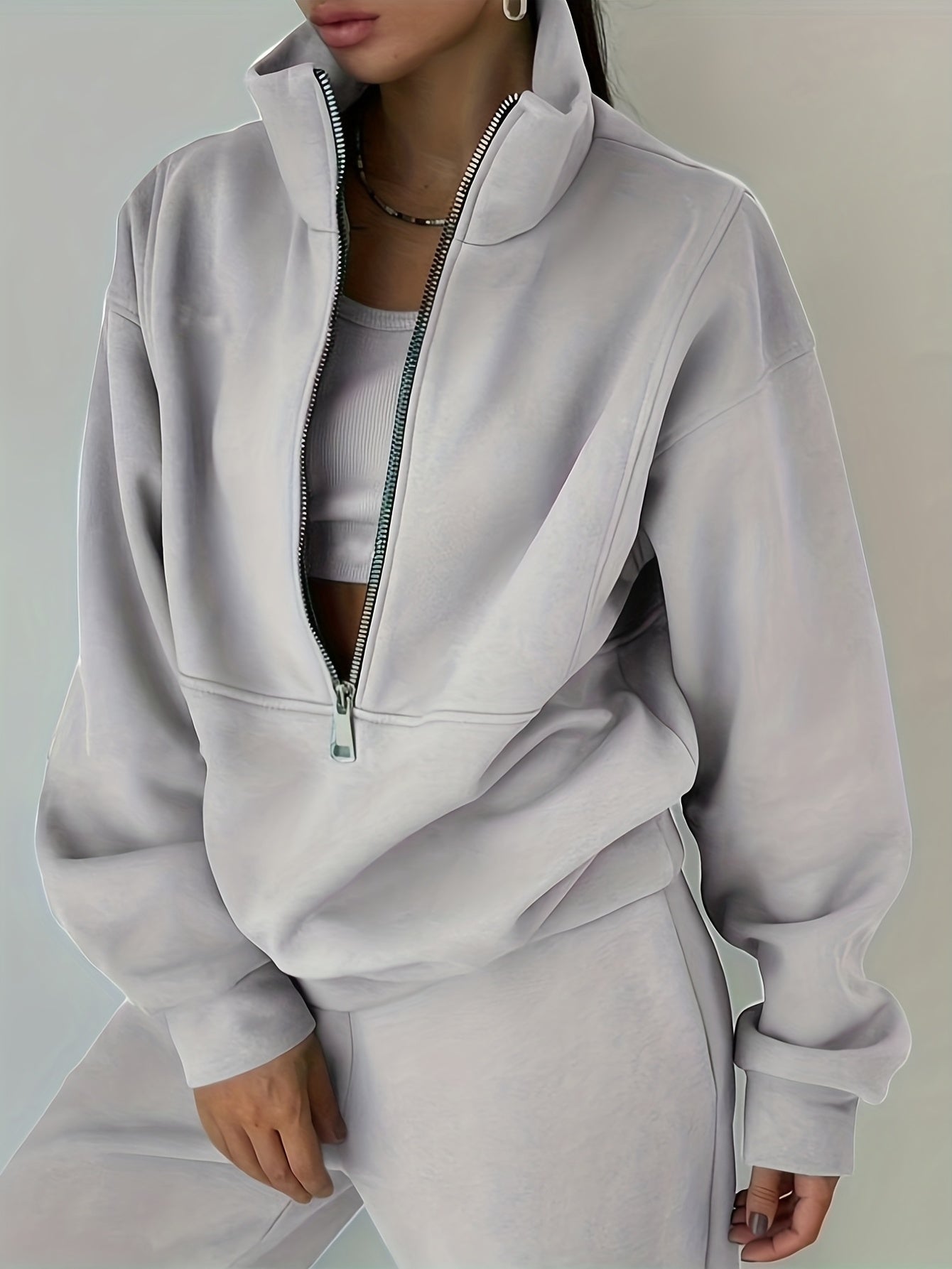 Sixsr Casual Matching Two-piece Set, Zip Up Sweatshirt & Solid Sweatpants Outfits, Women's Clothing