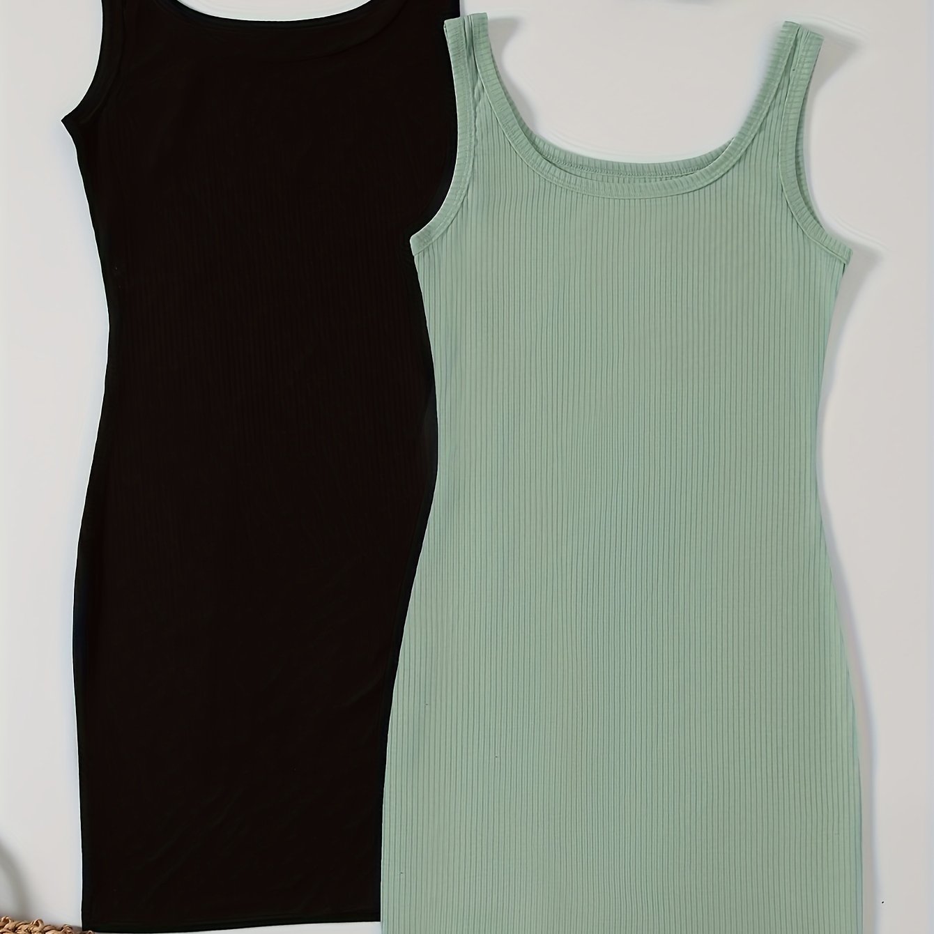Sixsr 2 Pieces Solid Bodycon Tank Dress, Casual Crew Neck Dress For Spring & Summer, Women's Clothing