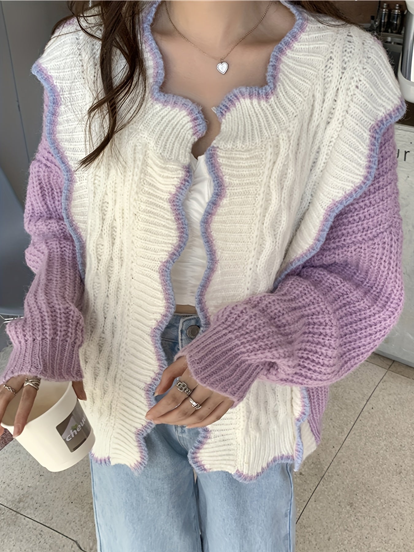 Sixsr Color Block Rib Knit Cradigan, Casual Long Sleeve Scollop Trim Sweater, Women's Clothing