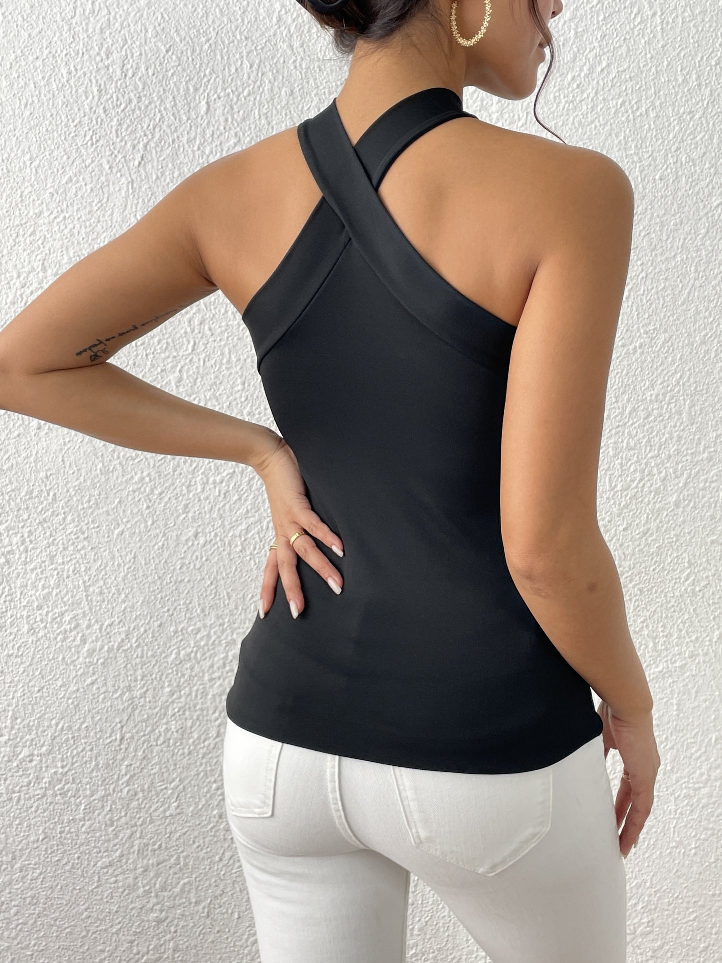 Sixsr Solid Criss Cross Tank Top, Casual Sleeveless Summer Halter Neck Tank Top, Women's Clothing