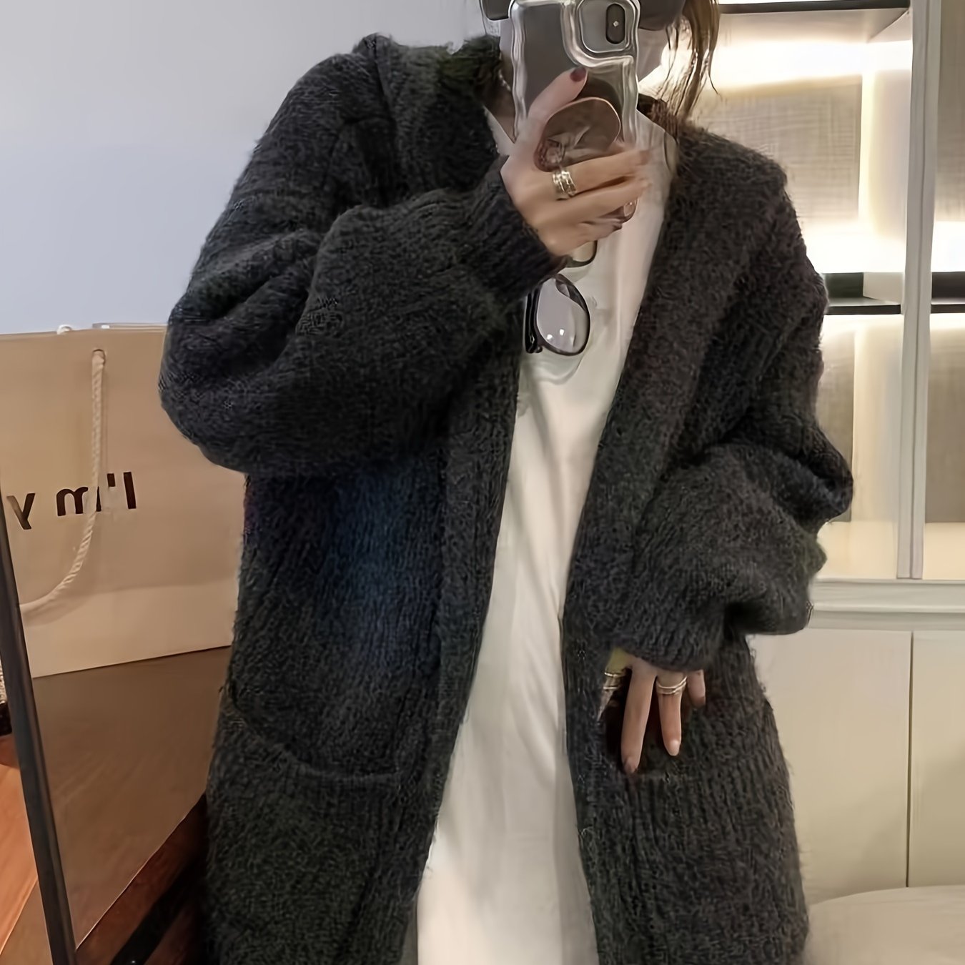 Sixsr Solid Open Front Hooded Cardigan, Versatile Long Sleeve Patched Pockets Cardigan For Fall & Winter, Women's Clothing