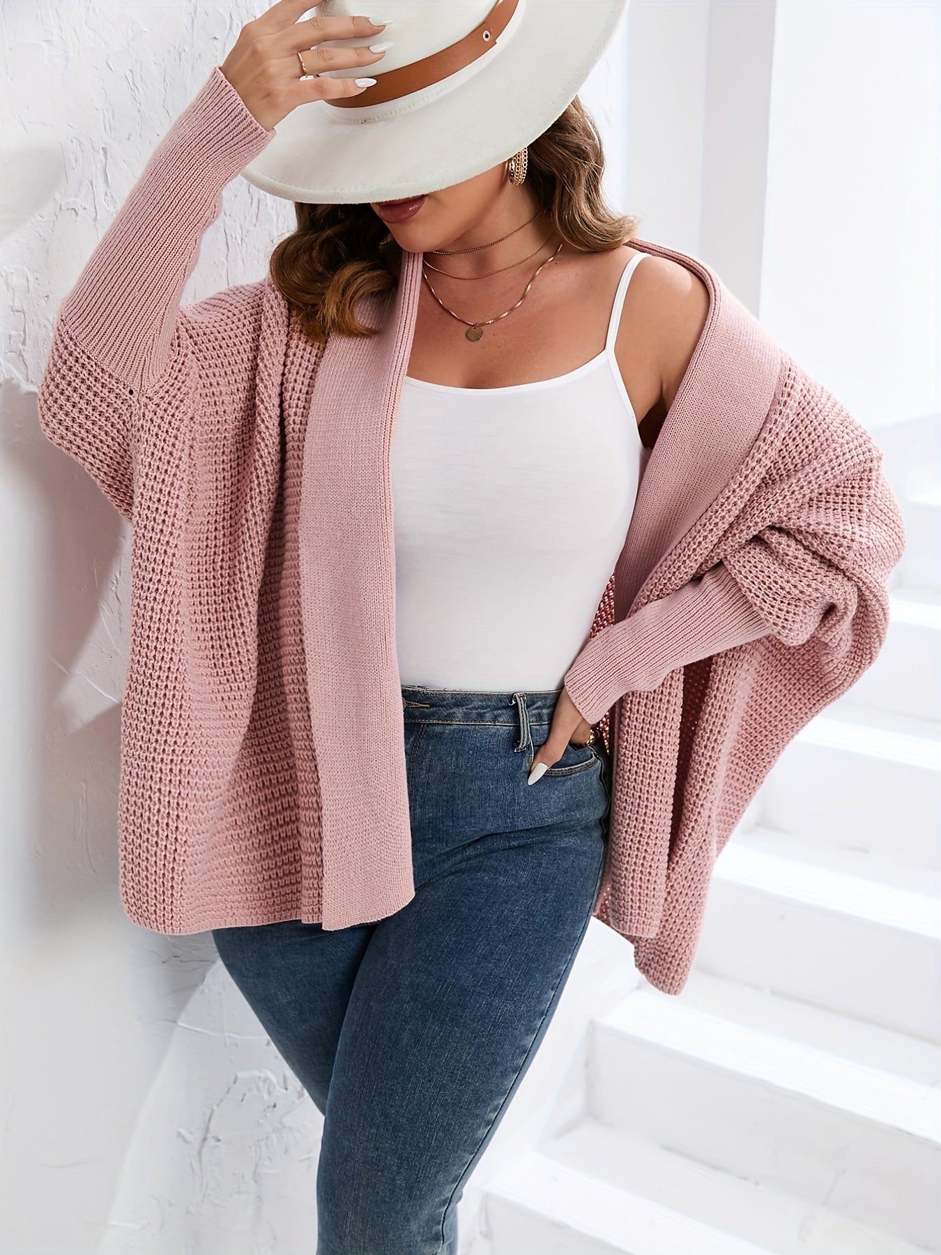 Sixsr Plus Size Lanter Sleeve Hollow Out Cardigan, Women's Plus Casual Slight Stretch Solid Sweater Cardigan