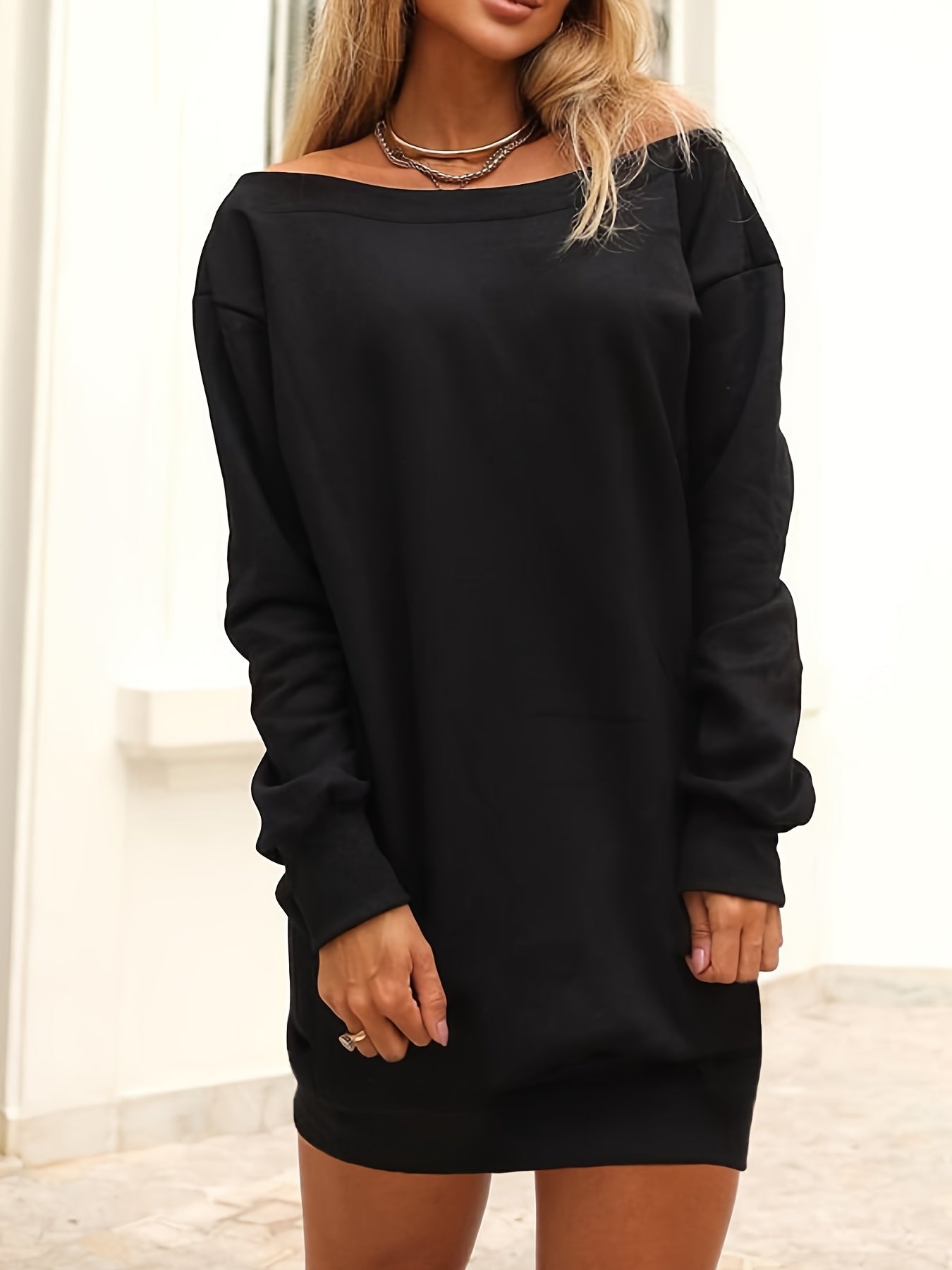 Sixsr Wings Print Off Shoulder Elegant Dress, Long Sleeve Bag Hip Mini Dress, Women's Clothing