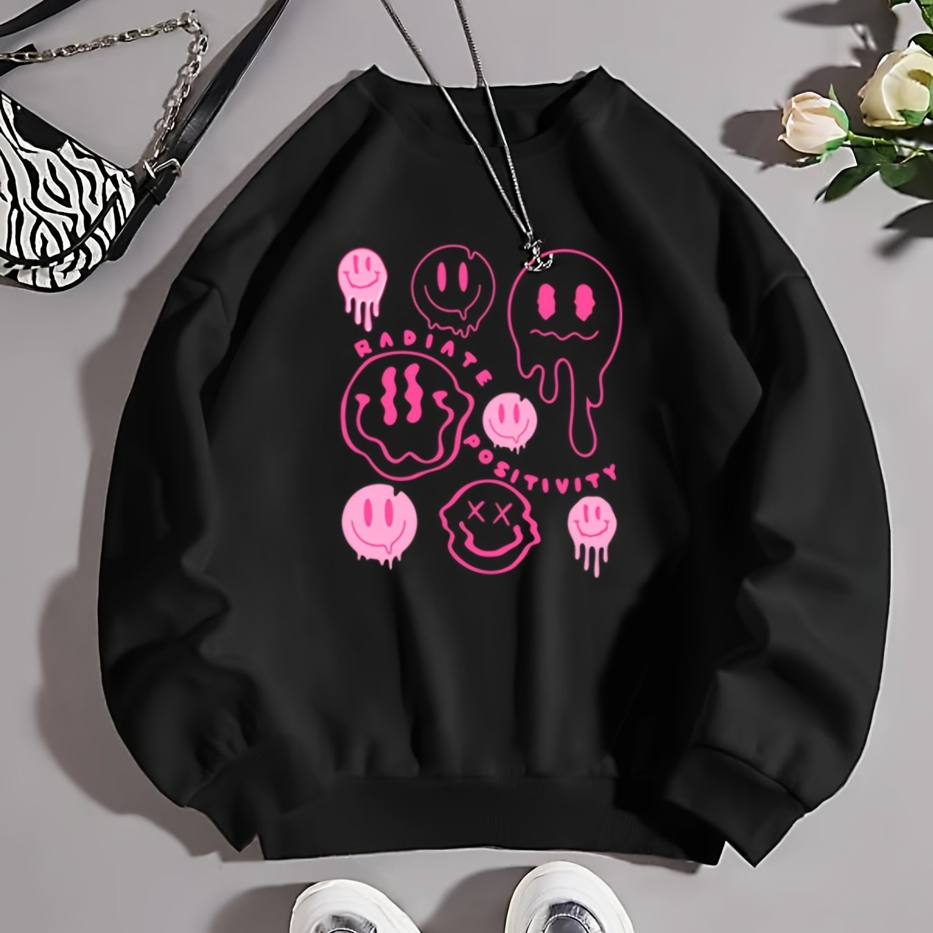 Sixsr Valentine's Day Smile Print Crew Neck Pullover, Casual Fashion Loose Long Sleeve Sweatshirt, Women's Clothing