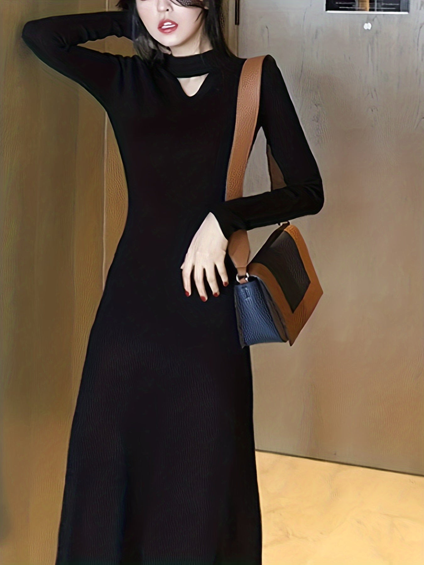 Sixsr Keyhole Solid Dress, Casual Long Sleeve Simple Midi Dress, Women's Clothing