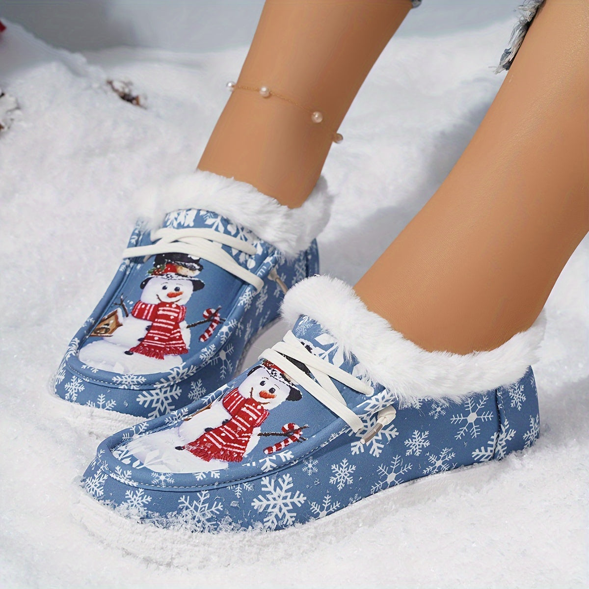 Thickened Warm Christmas Snowman Pattern Winter Outdoor Sneakers, Cute Comfortable Flat Snow Shoes