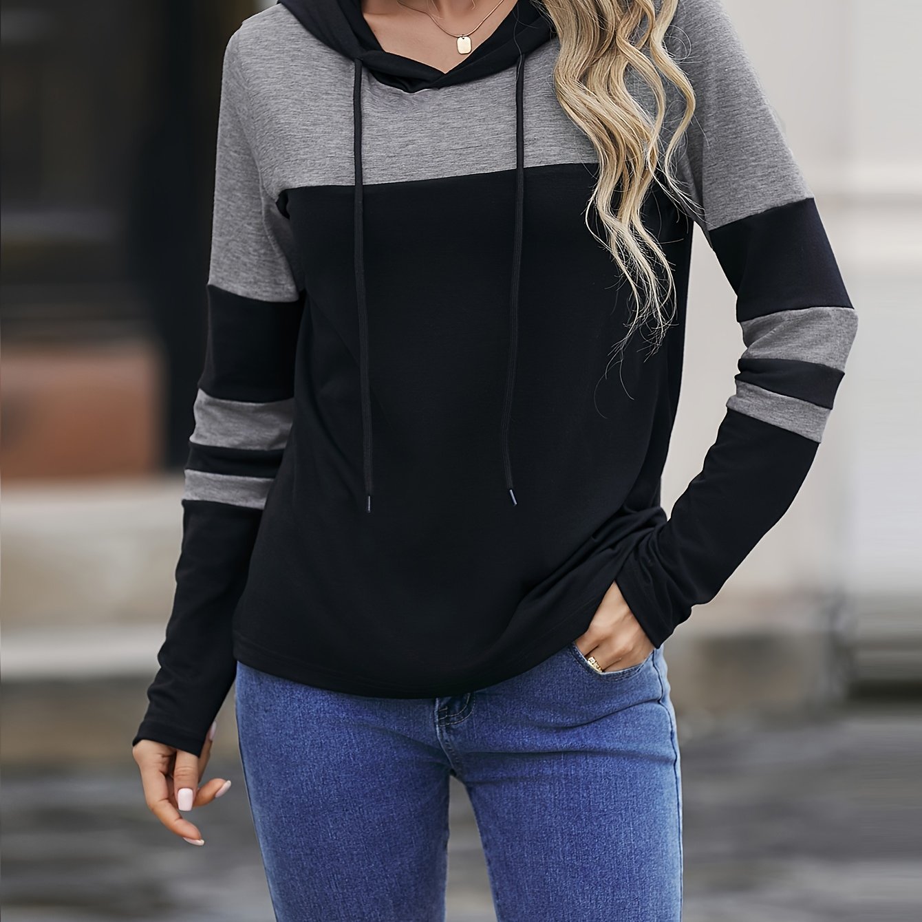 Sixsr Colorblock Striped Hoodie, Casual Drawstring Long Sleeve Top For Spring & Fall, Women's Clothing