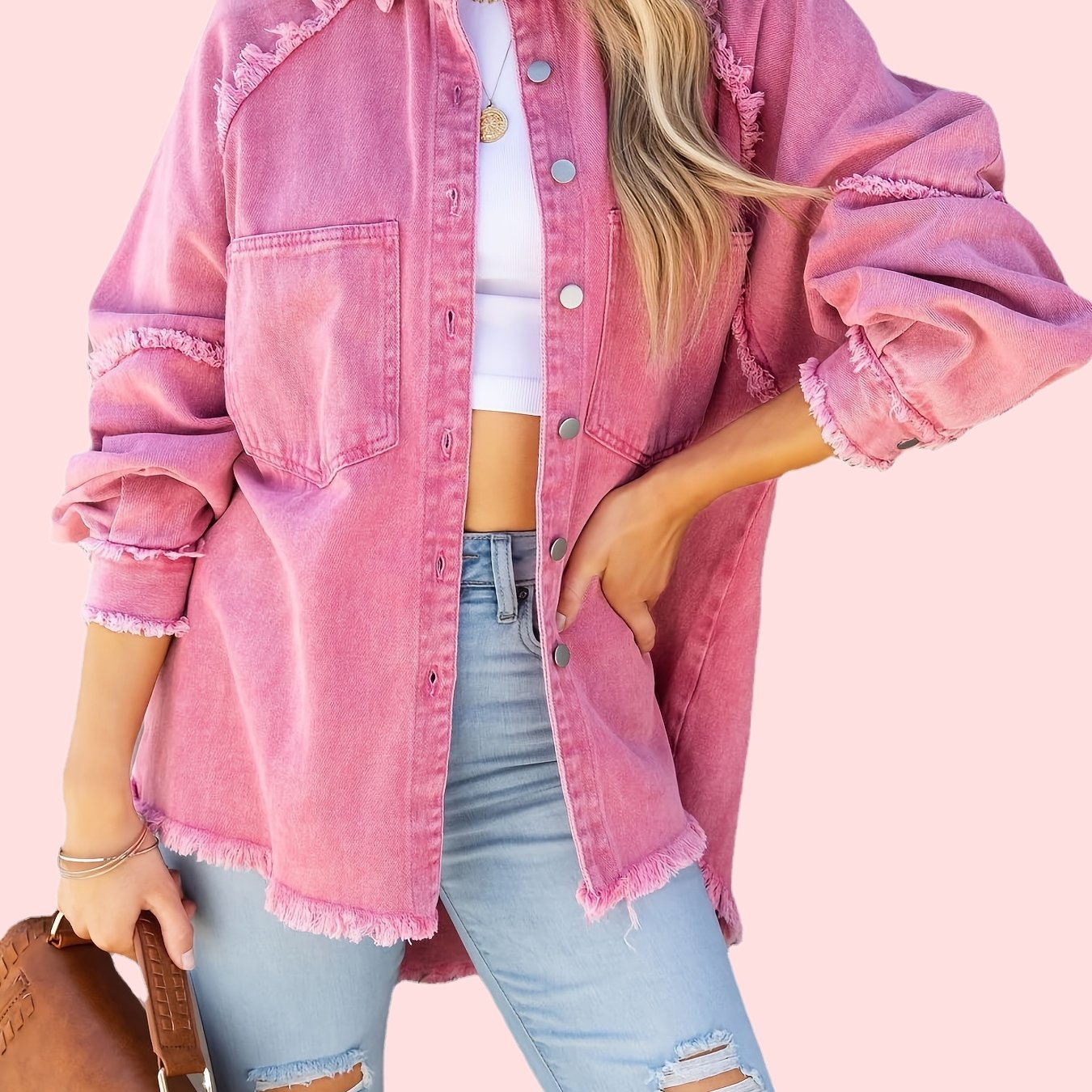 Sixsr Pink Raw Hem Ripped Denim Jackets, Oversized Distressed Long Sleeve Frayed Fringe Denim Coats, Women's Denim Jackets & Clothing