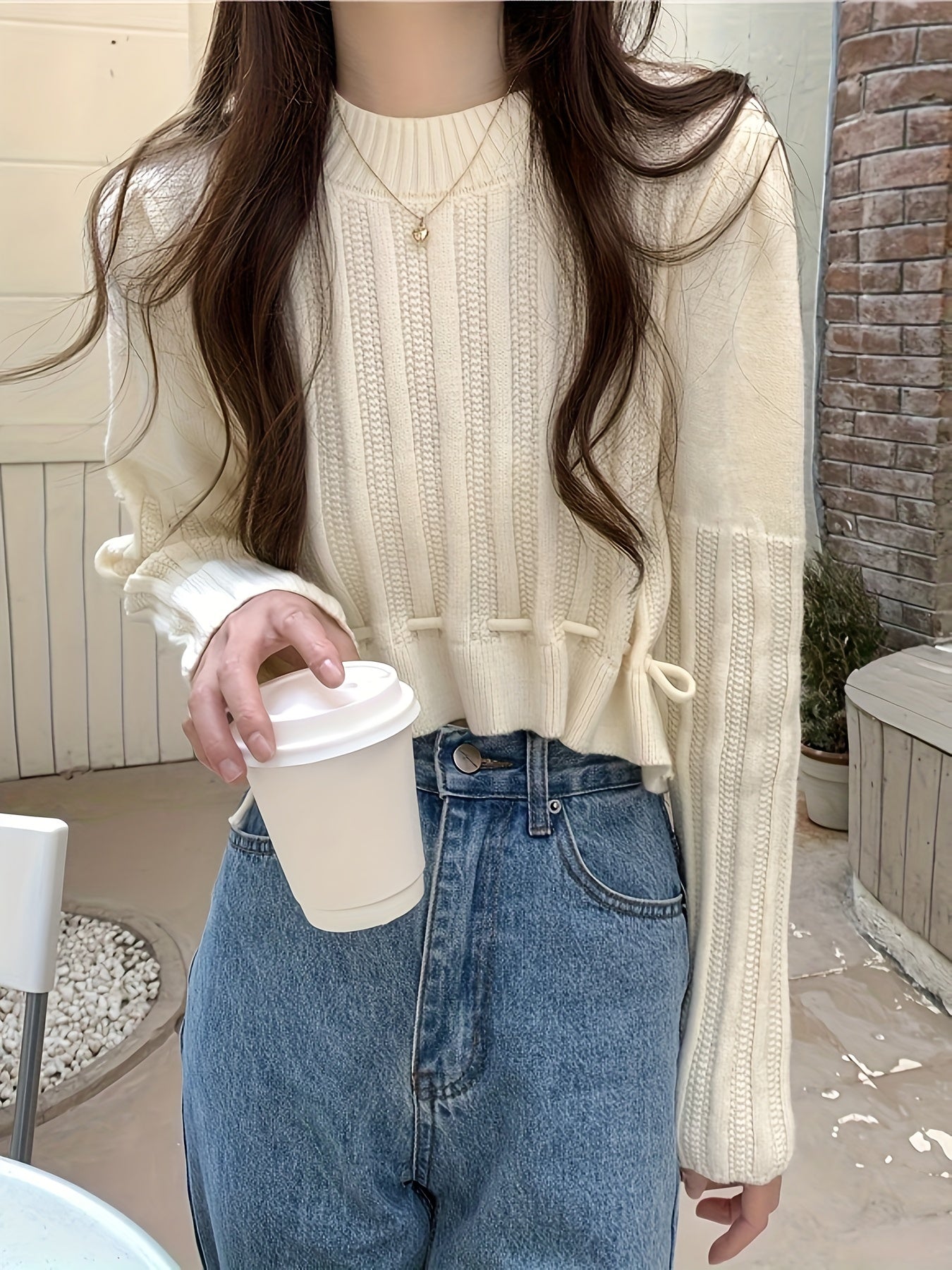 Sixsr Solid Drawstring Hem Crop Sweater, Casual Mock Neck Long Sleeve Sweater For Fall & Winter, Women's Clothing