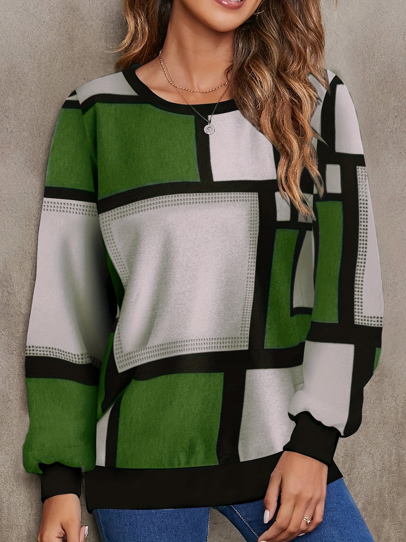 Sixsr Plus Size Casual Sweatshirt, Women's Plus Rhinestone Colorblock Long Sleeve Round Neck Slight Stretch Sweatshirt