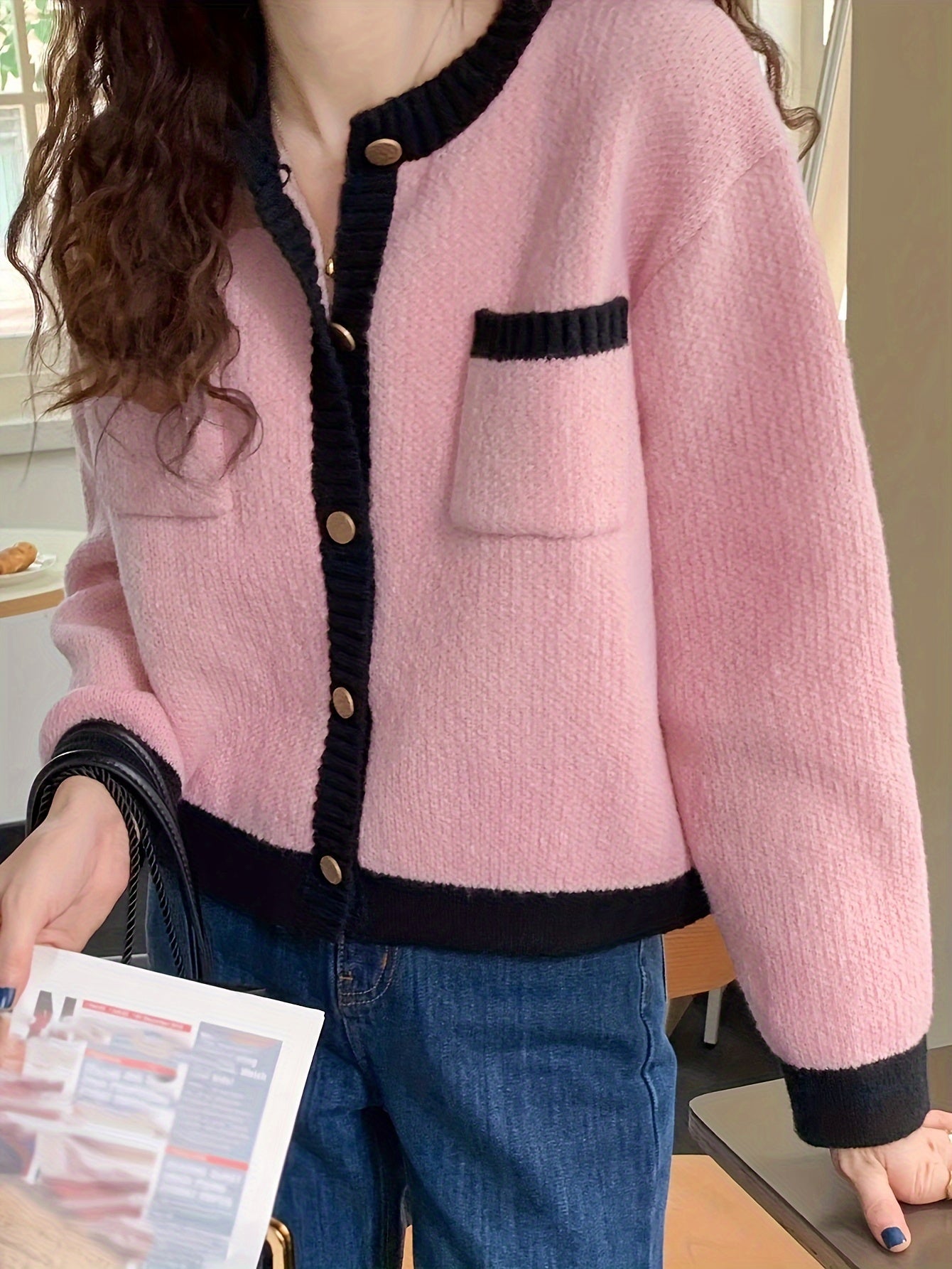 Sixsr Contrast Trim Knitted Cardigan, Elegant Button Front Long Sleeve Cardigan, Women's Clothing