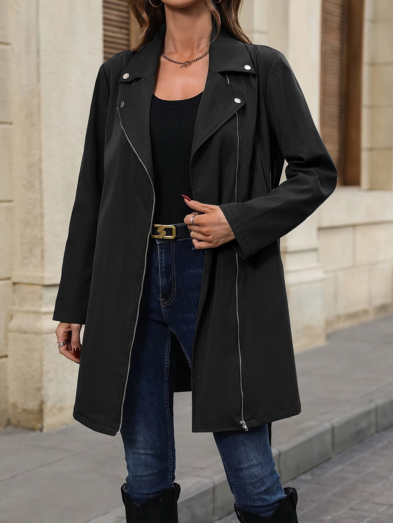 Sixsr Solid Color Open Front Trench Jacket, Elegant Lapel Neck Zipper Long Sleeve Button Jacket, Women's Clothing