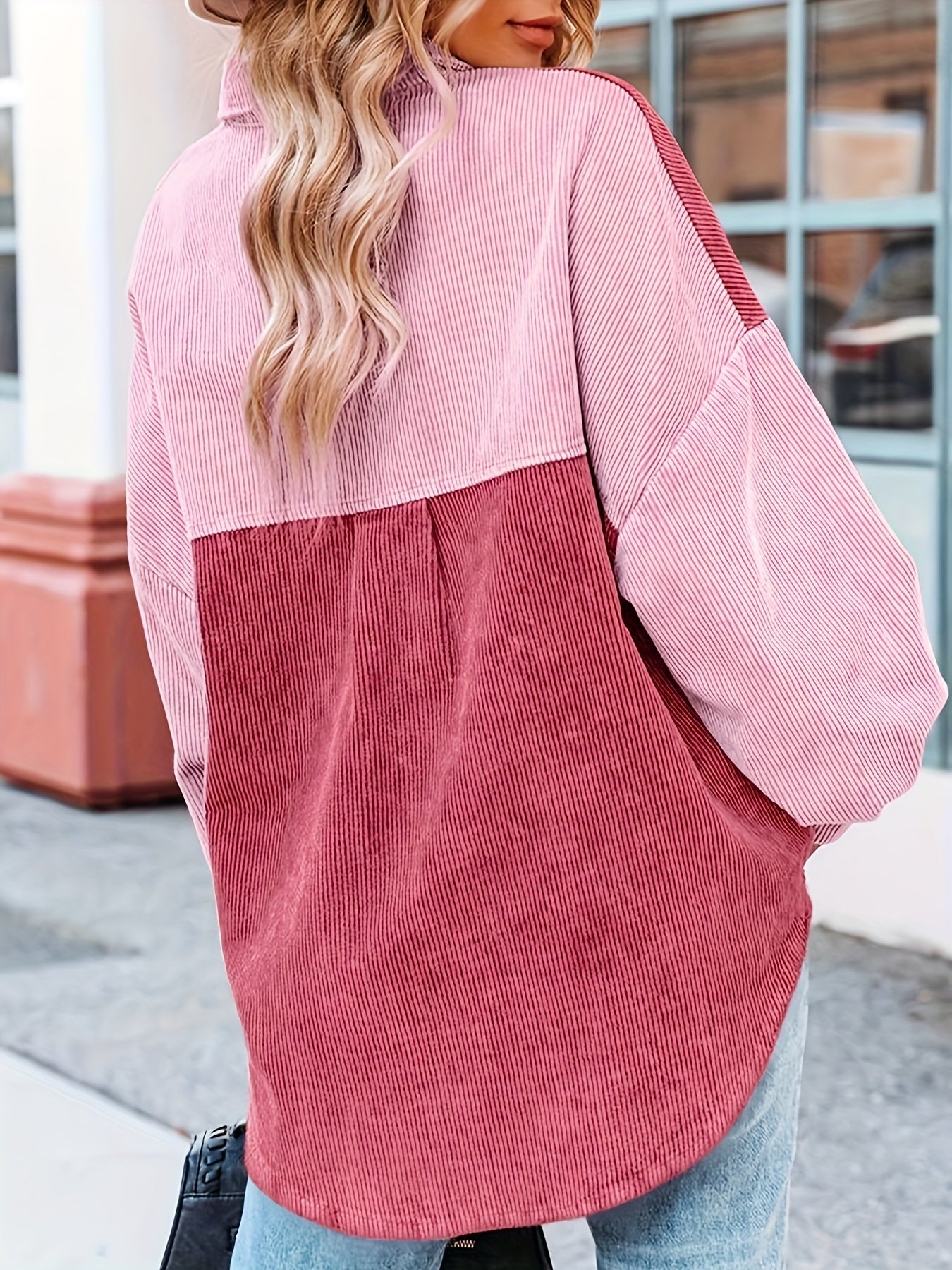 Sixsr Color Block Single Breasted Jacket, Vintage Corduroy Long Sleeve Outwear For Fall , Women's Clothing