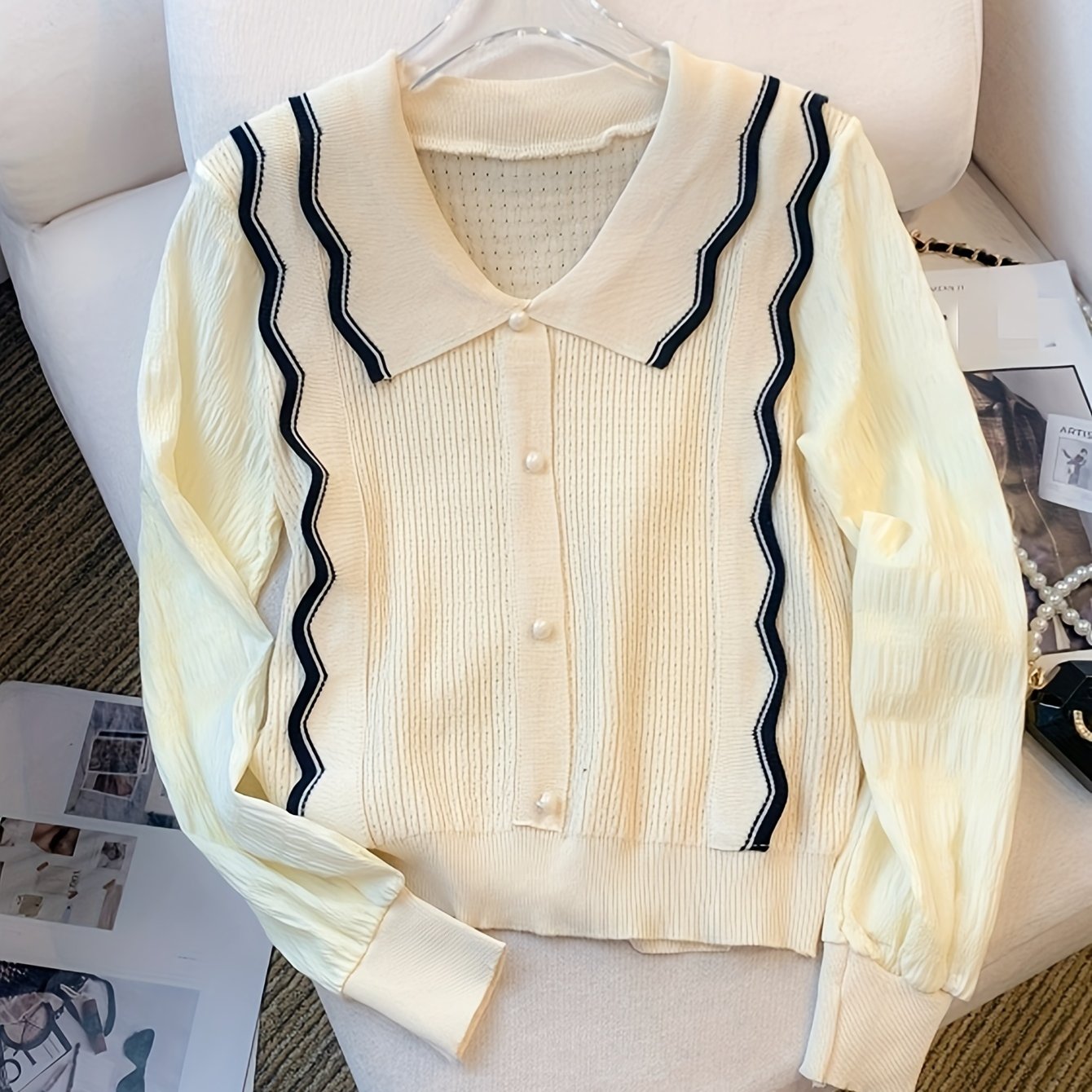 Sixsr Contrast Trim Lapel Sweater, Elegant Fake Button Scallop Trim Long Sleeve Sweater For Fall & Winter, Women's Clothing