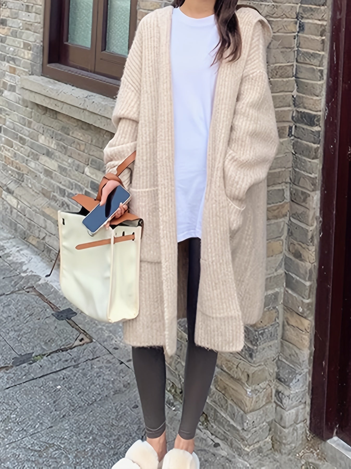 Sixsr Solid Open Front Cardigan, Casual Long Sleeve Hooded Pockets Cardigan, Women's Clothing