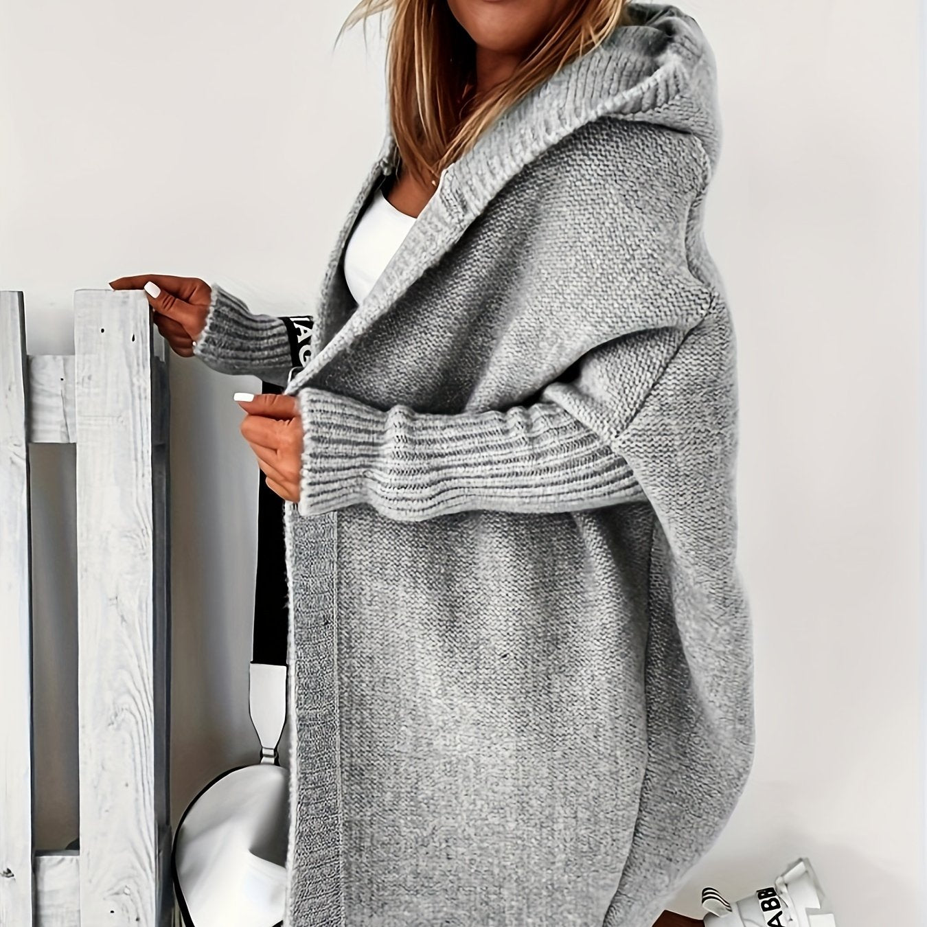 Sixsr Solid Open Front Hooded Cardigan, Casual Batwing Sleeve Mid Length Sweater For Fall & Winter, Women's Clothing