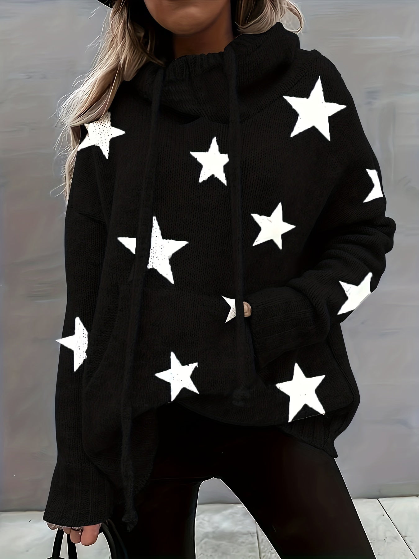 Sixsr Plus Size Casual Sweater, Women's Plus Star Print Long Sleeve Drawstring Hoodie Sweater With Pockets