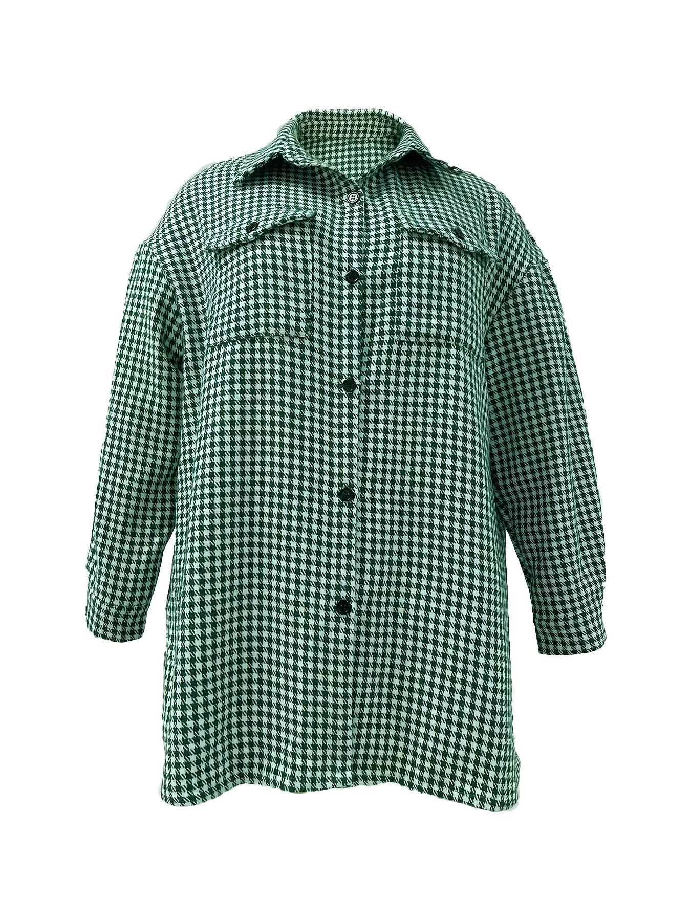 Sixsr Plus Size Casual Coat, Women's Plus Brushed Houndstooth Pattern Lapel Collar Button Up Shacket With Flap Pockets
