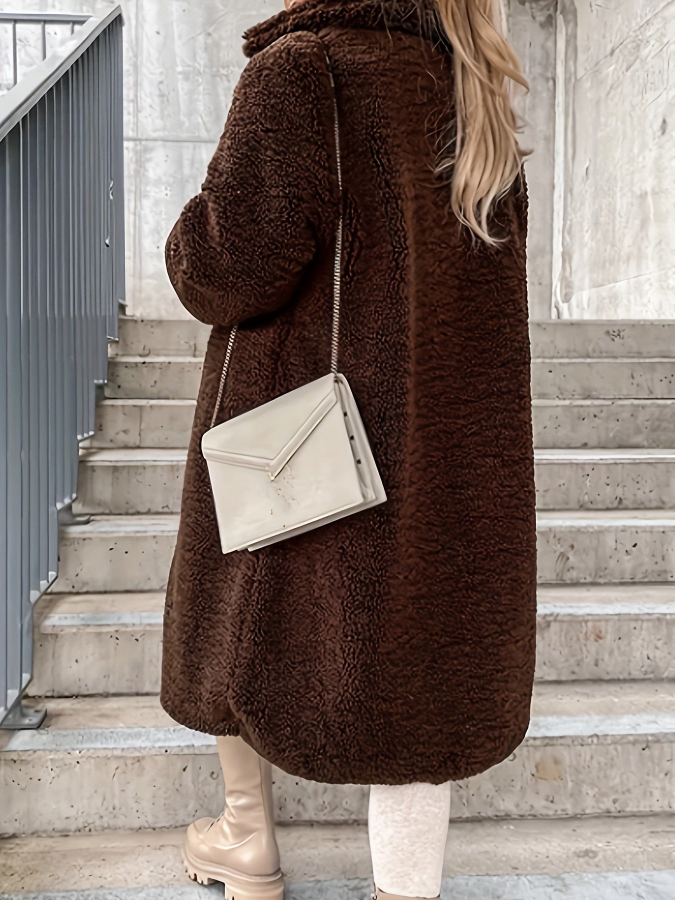 Sixsr Fuzzy Mid Length Trench Coat, Casual Button Front Long Sleeve Outerwear, Women's Clothing