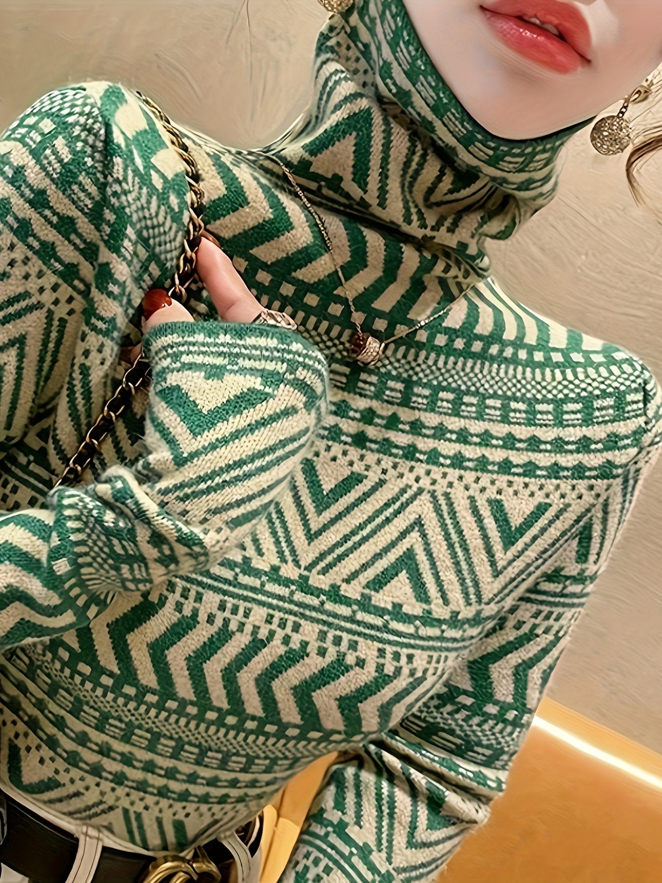 Sixsr Geo Pattern Turtle Neck Pullover Sweater, Elegant Long Sleeve Fashion Slim Sweater, Women's Clothing