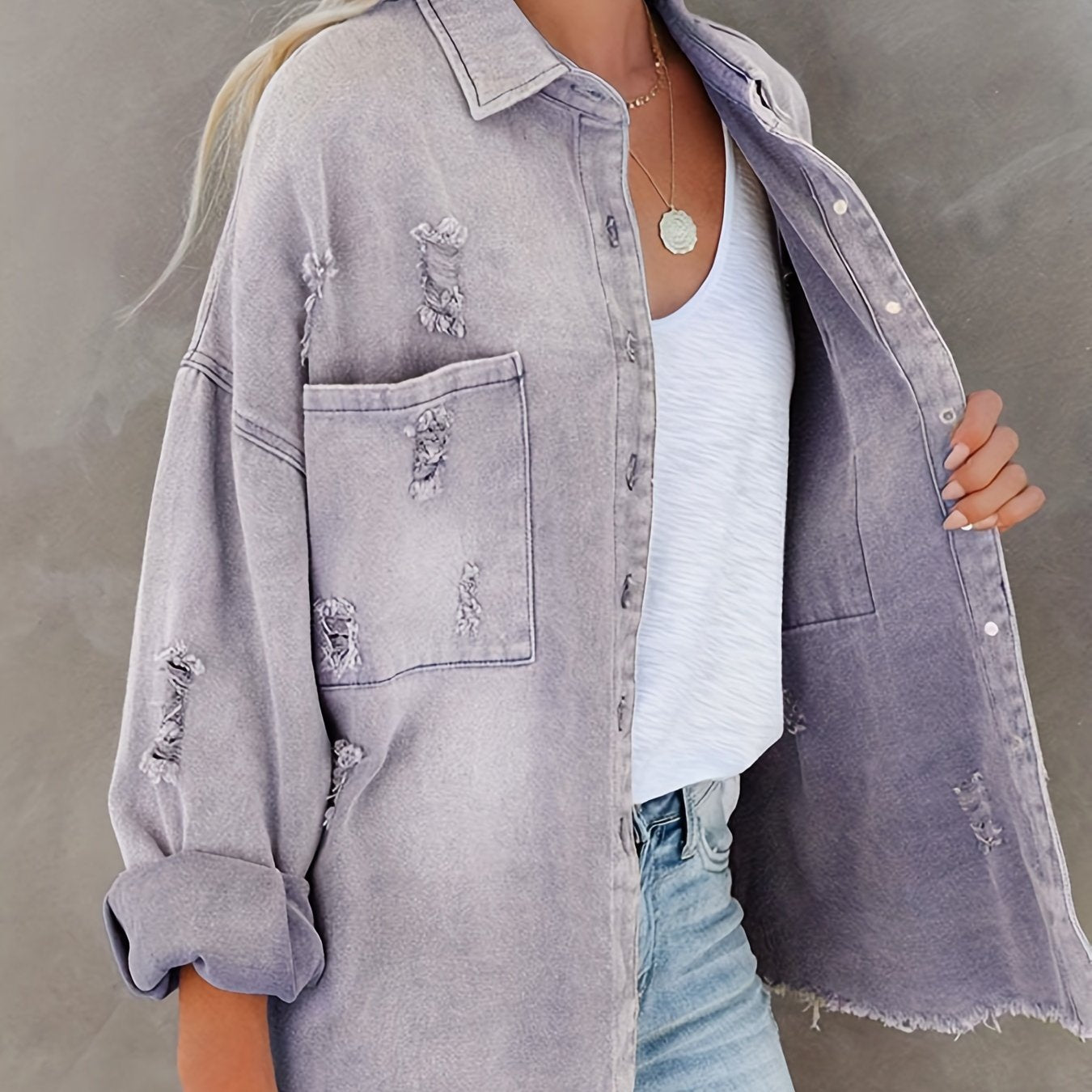 Sixsr Raw Hem Ripped Lapel Denim Jackets, Long Sleeves Distressed Single-Breasted Button Denim Coats, Women's Denim Clothing