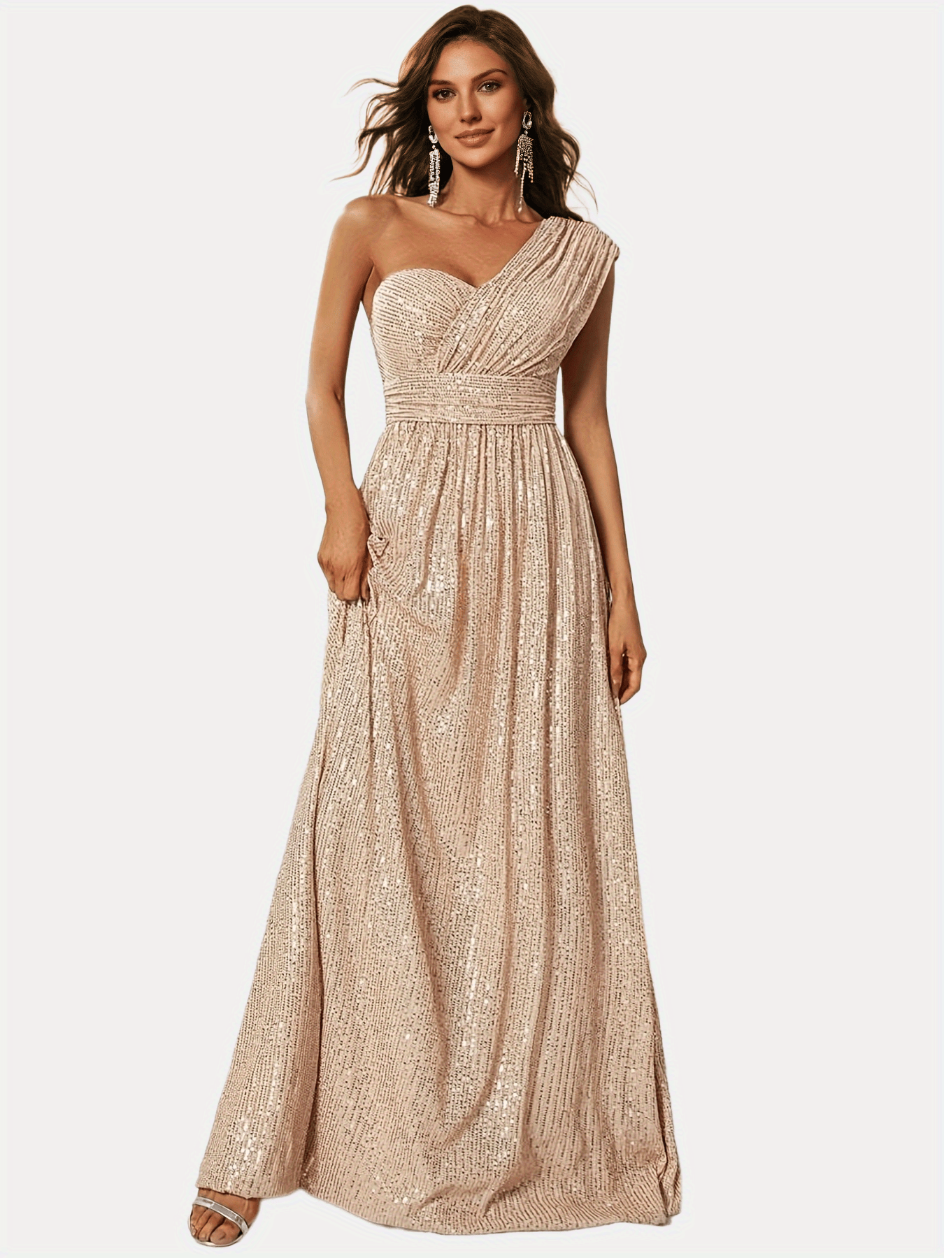 One Shoulder Sequins Floor Length Dress, Elegant Maxi Formal Evening Gown Dress, Women's Clothing
