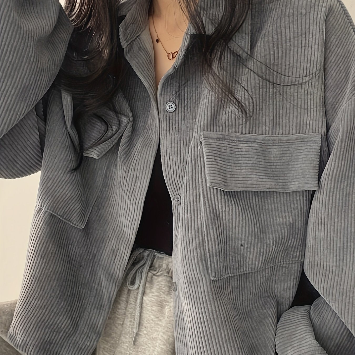 Sixsr Button Front Flap Pockets Jacket, Casual Long Sleeve Jacket For Fall & Winter, Women's Clothing