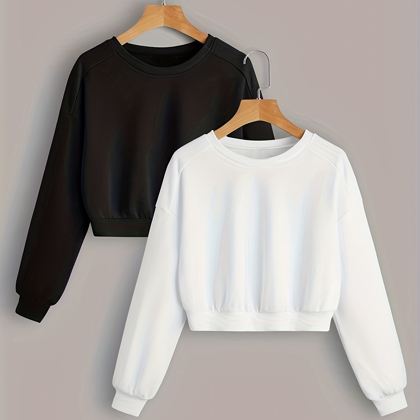 Sixsr Solid Crop Sweatshirt 2 Pack, Casual Long Sleeve Sweatshirt For Spring & Fall, Women's Clothing