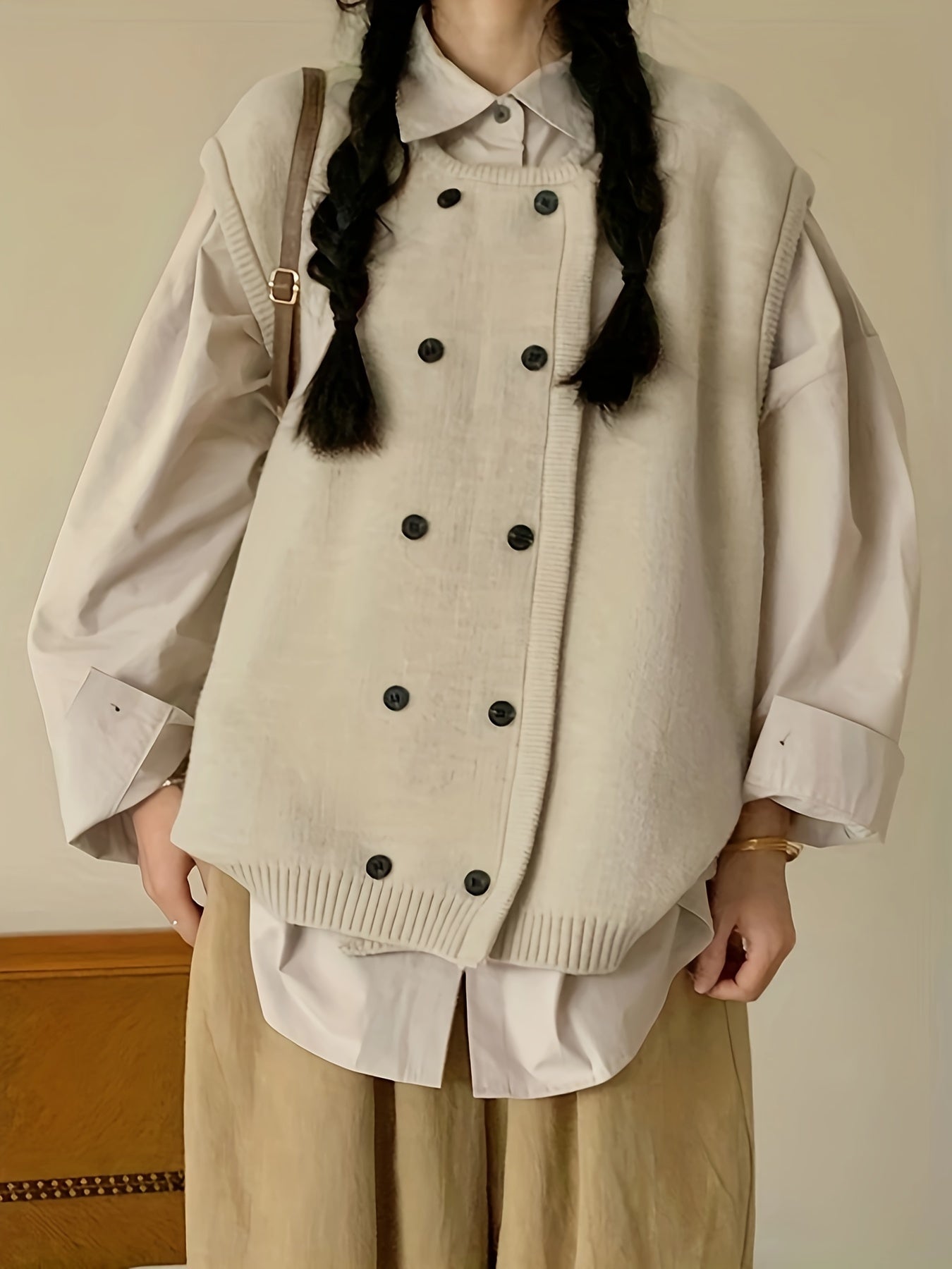 Sixsr Solid Double Breasted Knitted Vest, Casual Crew Neck Sleeveless Loose Sweater, Women's Clothing