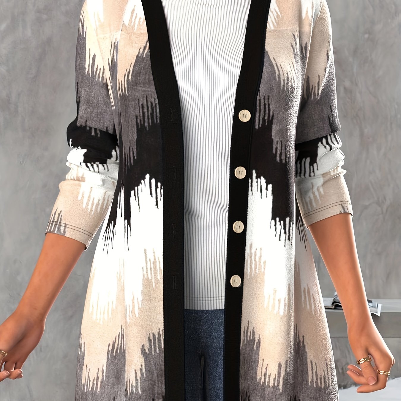 Sixsr Geometric Pattern Button Front Cardigan, Casual Long Sleeve Outwear For Fall & Spring, Women's Clothing