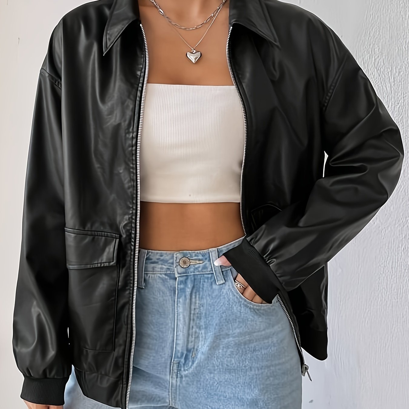 Sixsr Zip Up Pocket Front Jacket, Elegant Solid Long Sleeve Outerwear, Women's Clothing