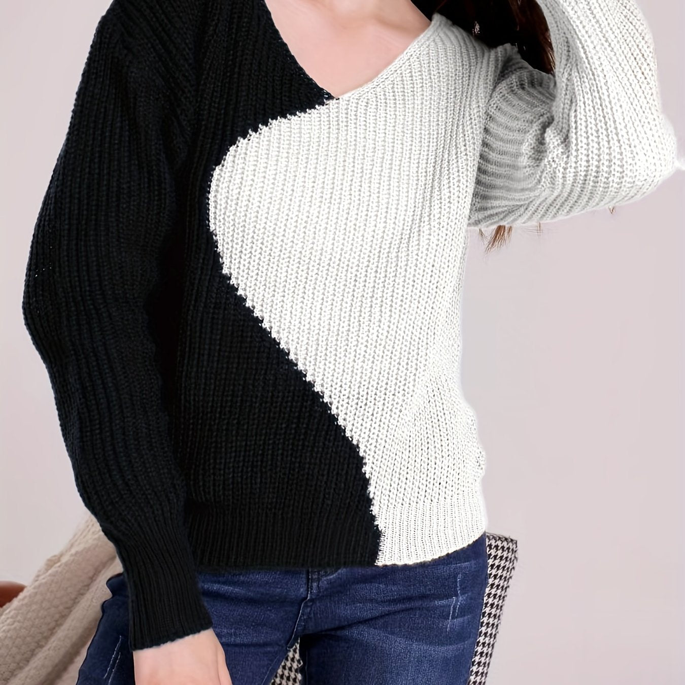 Sixsr Color Block Drop Shoulder Sweater, Casual V-neck Long Sleeve Sweater, Women's Clothing